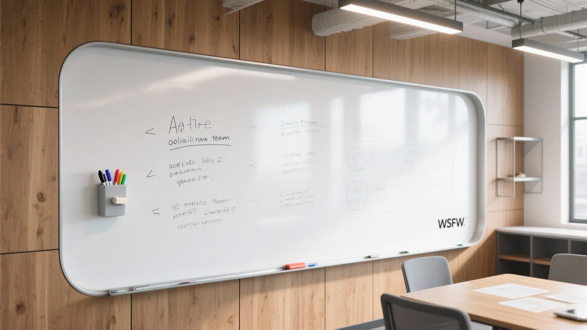 Meeting room with large white board on wooden wall, hanging light fixture, and wooden table
