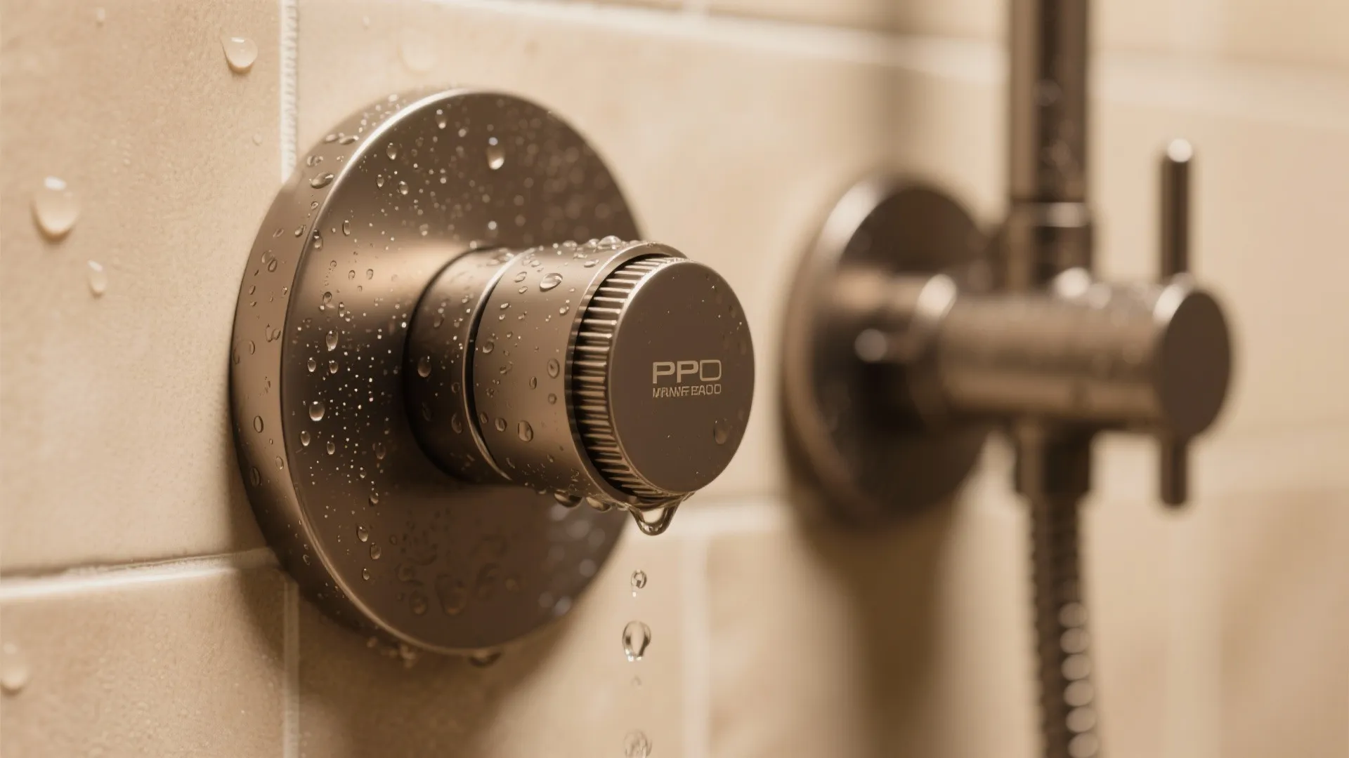 Modern metal shower wall control handle with water drops on beige tiles in a bright bathroom