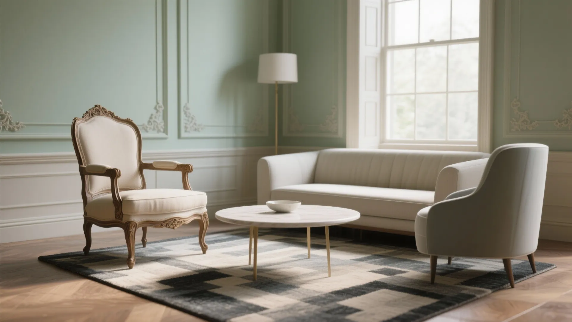 A small dining set mixing an antique Queen Anne chair with modern seating and a contemporary rug for balanced contrast.