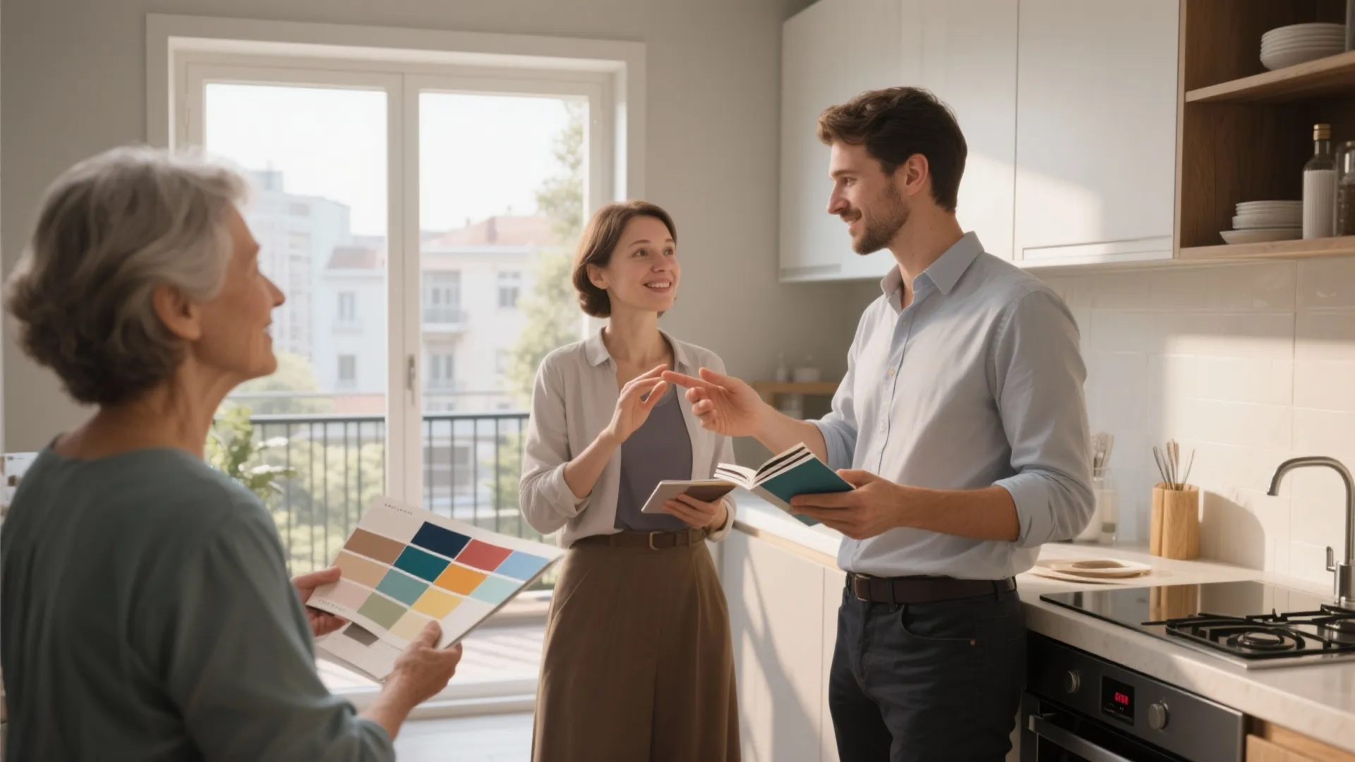 Three people in a modern kitchen discussing house paint colors while holding various color sample cards
