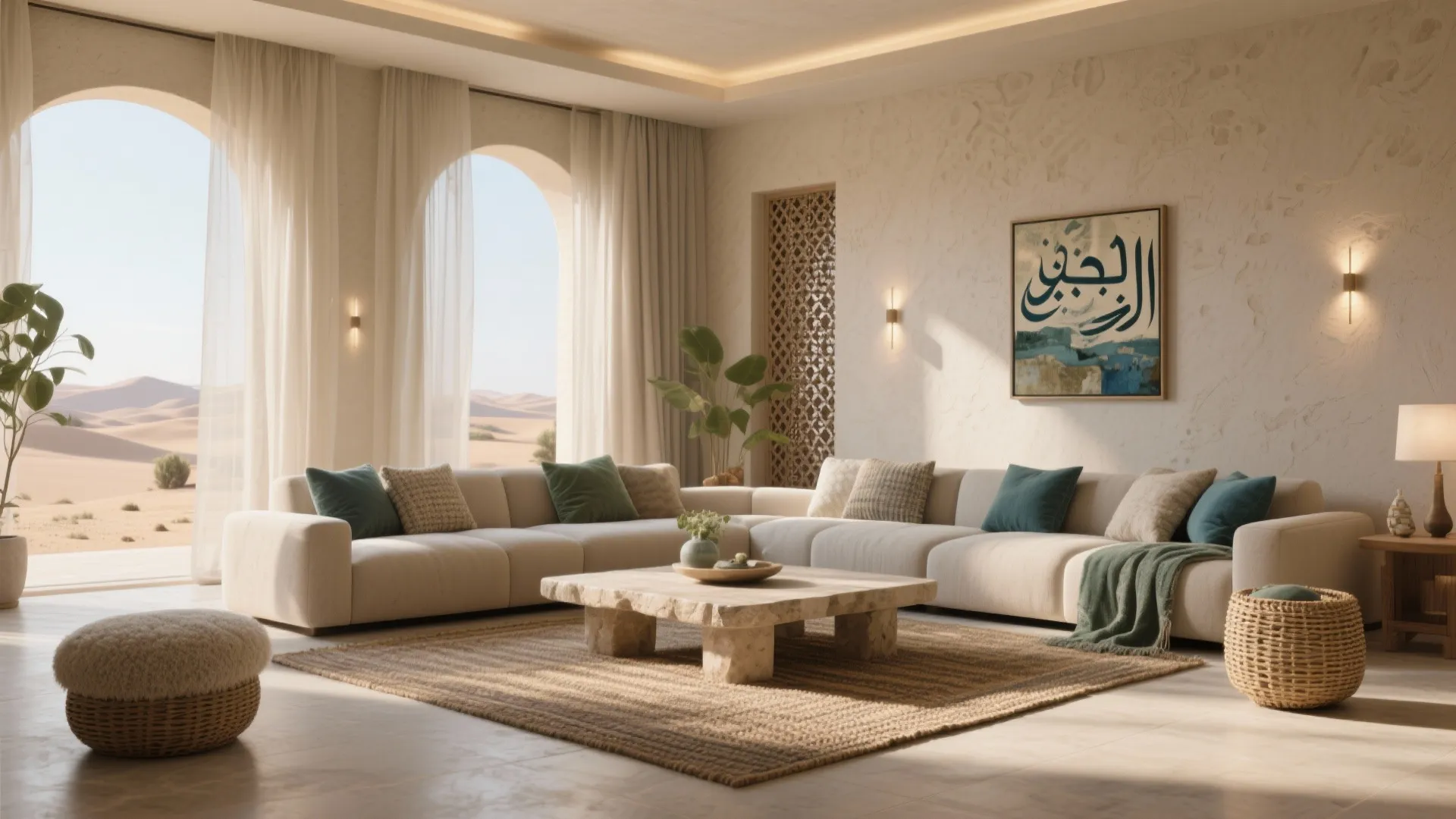 Modern desert living room with beige sofa stone coffee table arched windows and sandy dunes view