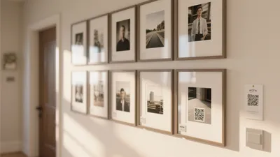 Modern Office Hallway with Framed Portraits and Natural Light