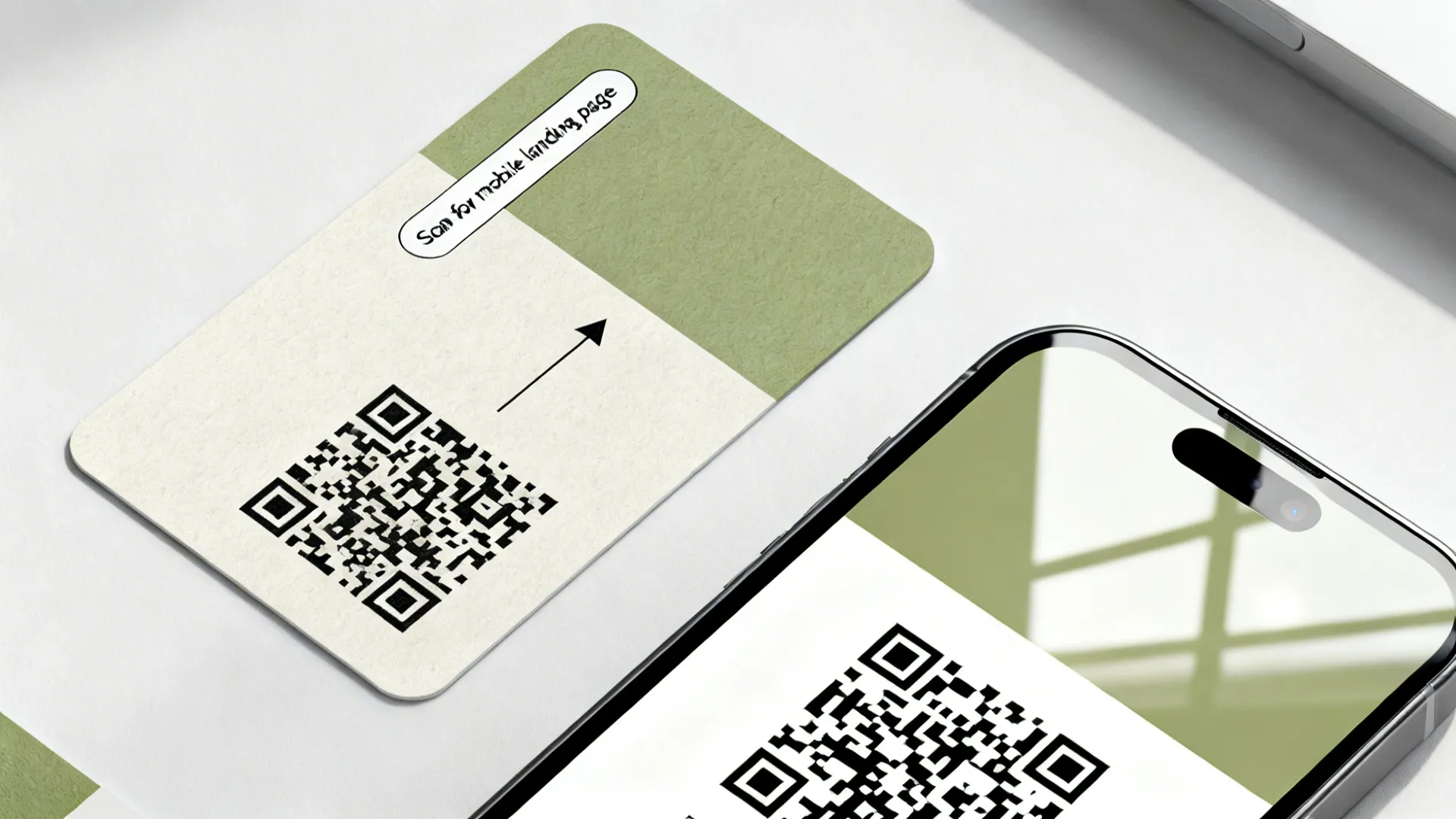 White card with QR code and arrow next to a smartphone for mobile landing page access