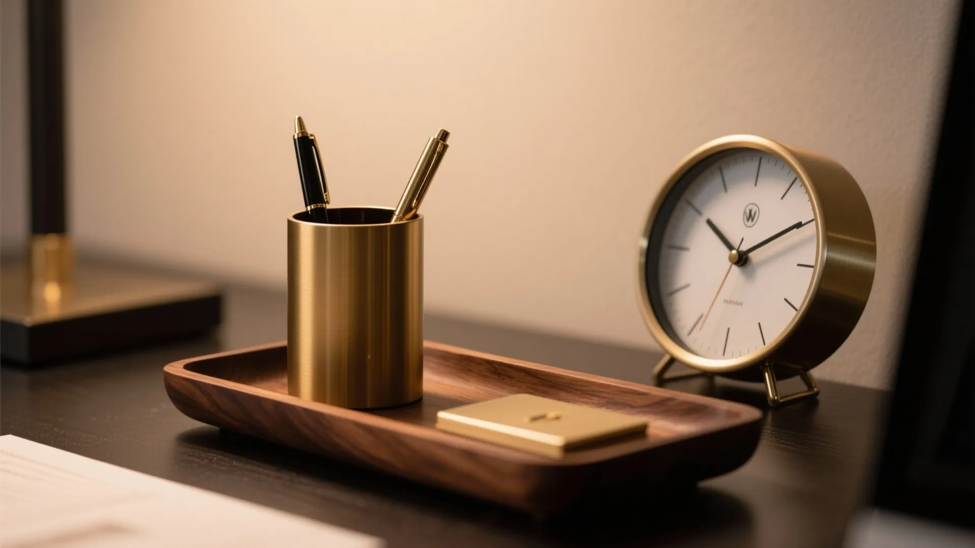 Gold pen holder and round clock on wooden tray placed on a dark office desk