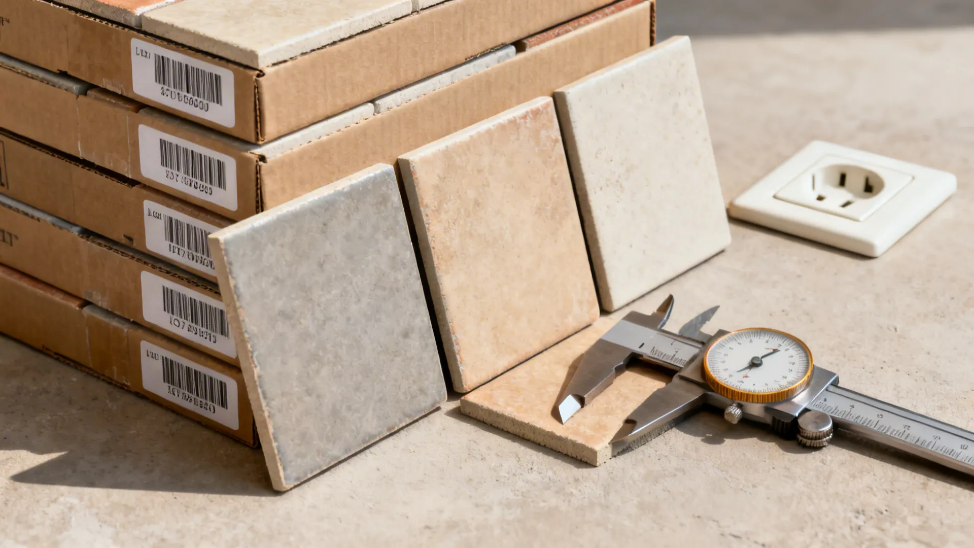 Macro view of tile samples with slight shade variation and a caliper checking thickness.