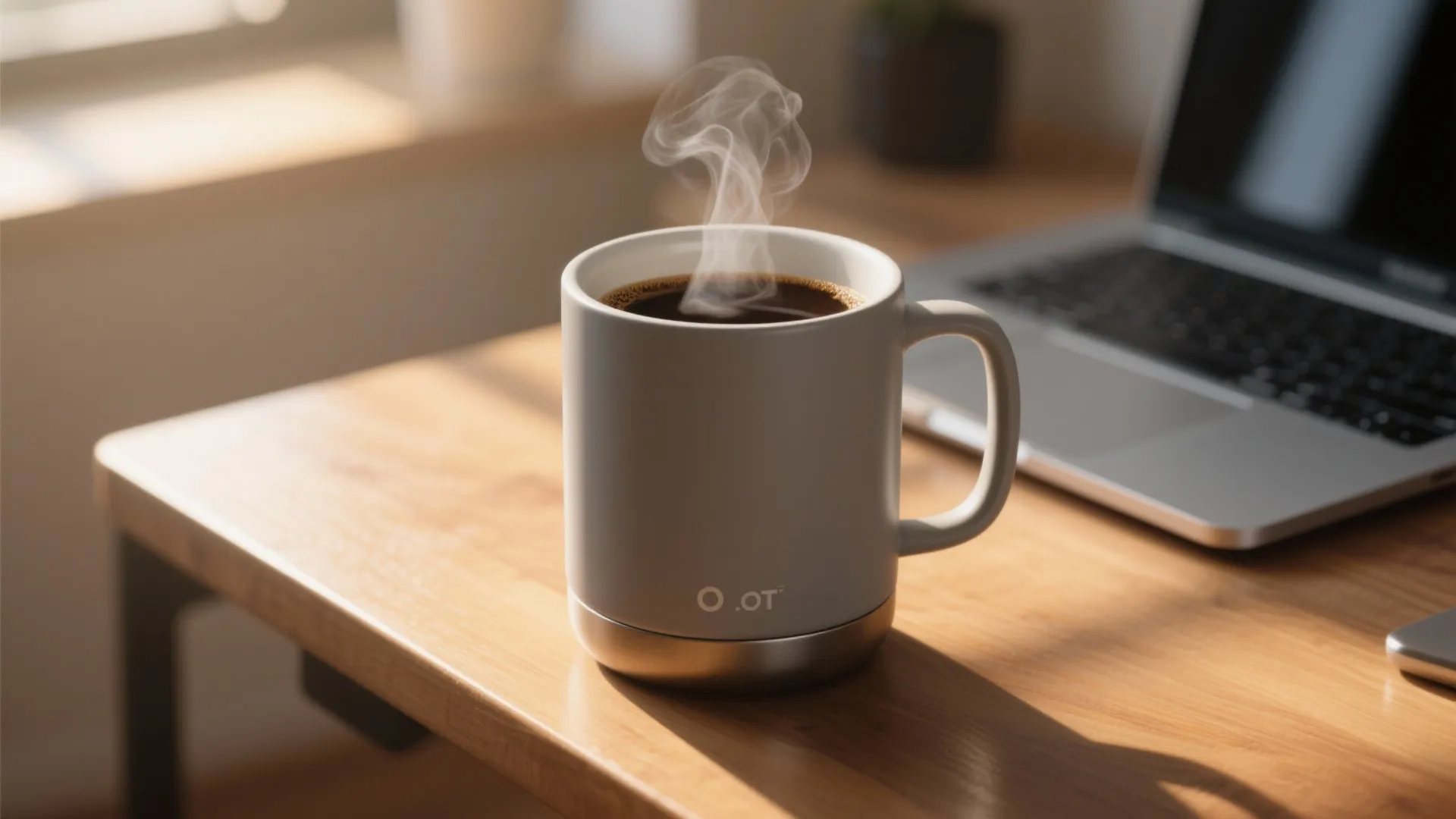 Steaming hot coffee in a grey ceramic mug on a wooden desk with laptop background