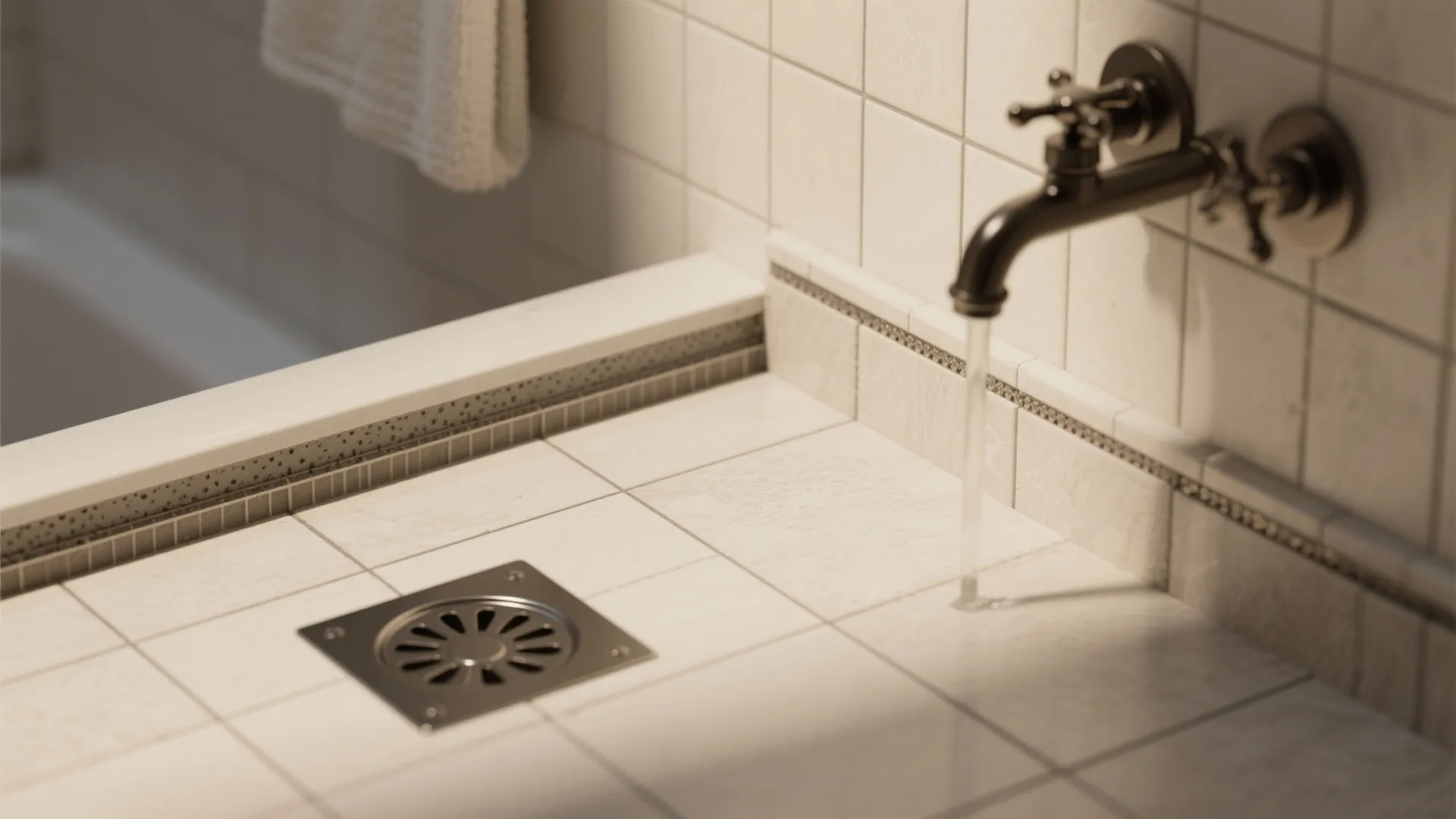 Close up of a water tap running over a white tiled floor with a drain