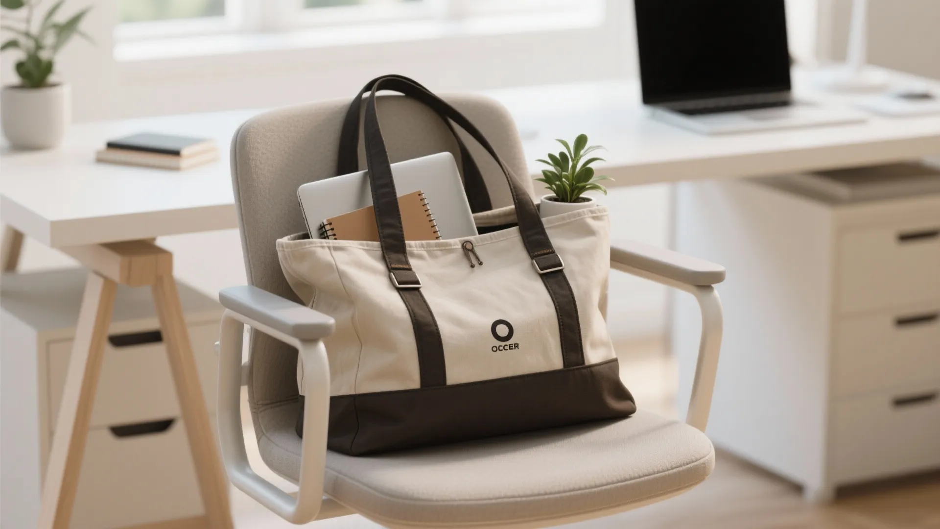 Large beige tote bag with laptop and notebooks sitting on a grey modern office chair