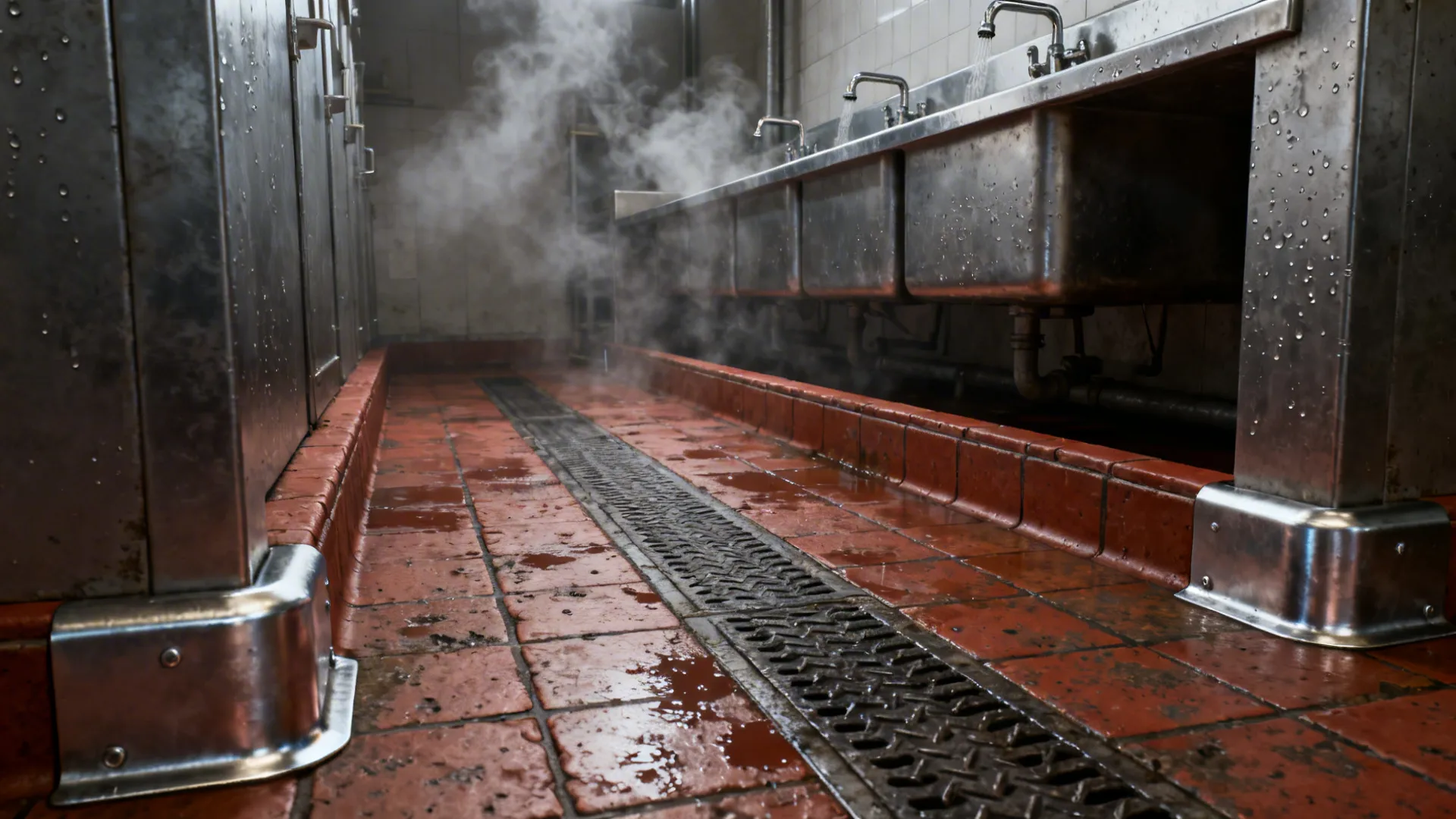 Dish pit with textured quarry tile floor, cove base, and trench drain for wet conditions.