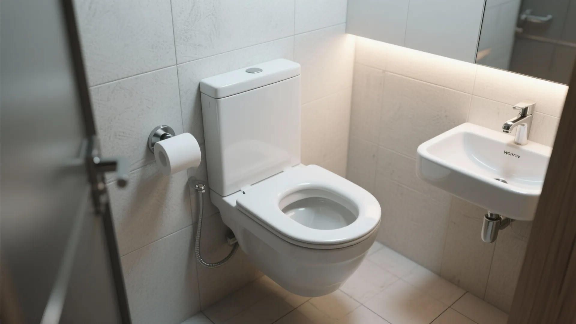 Close-up of wall-mounted toilet and small basin showing space-efficient fixtures