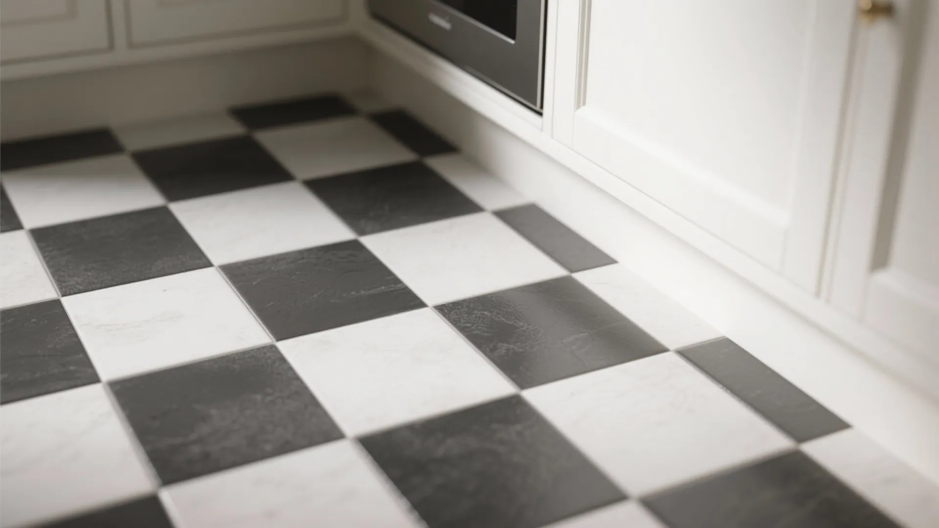 Macro view of small black-and-white checkerboard porcelain tiles with dark grout in a kitchen