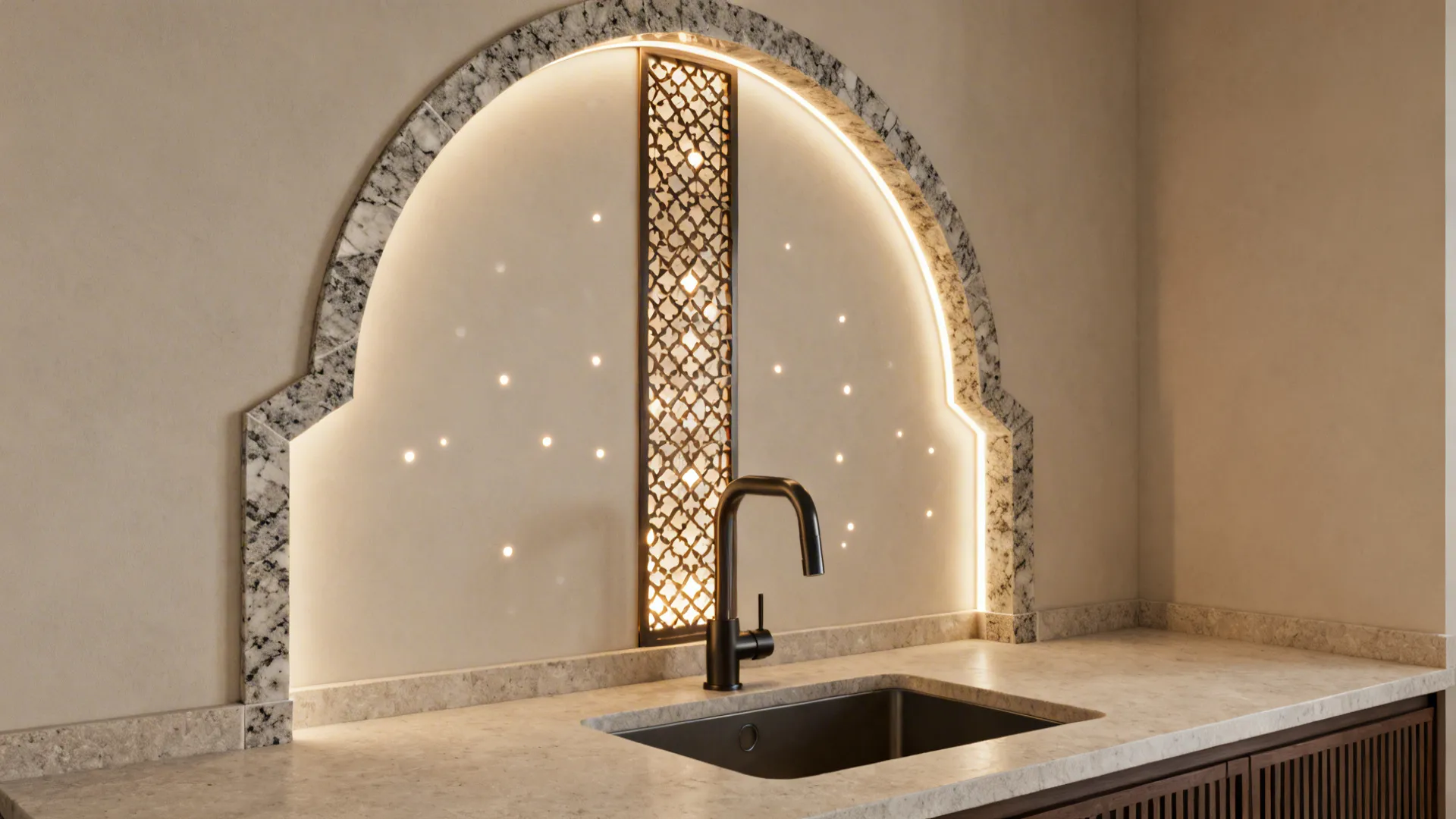 Stone inlay arch with Jali-inspired backlit panel