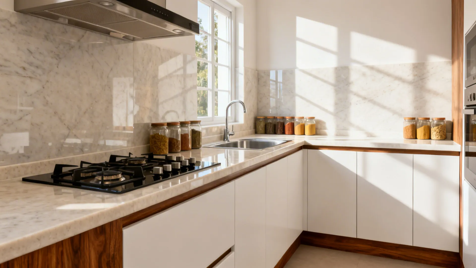 Pale quartz platform with matching full-height backsplash in a bright compact Indian kitchen.
