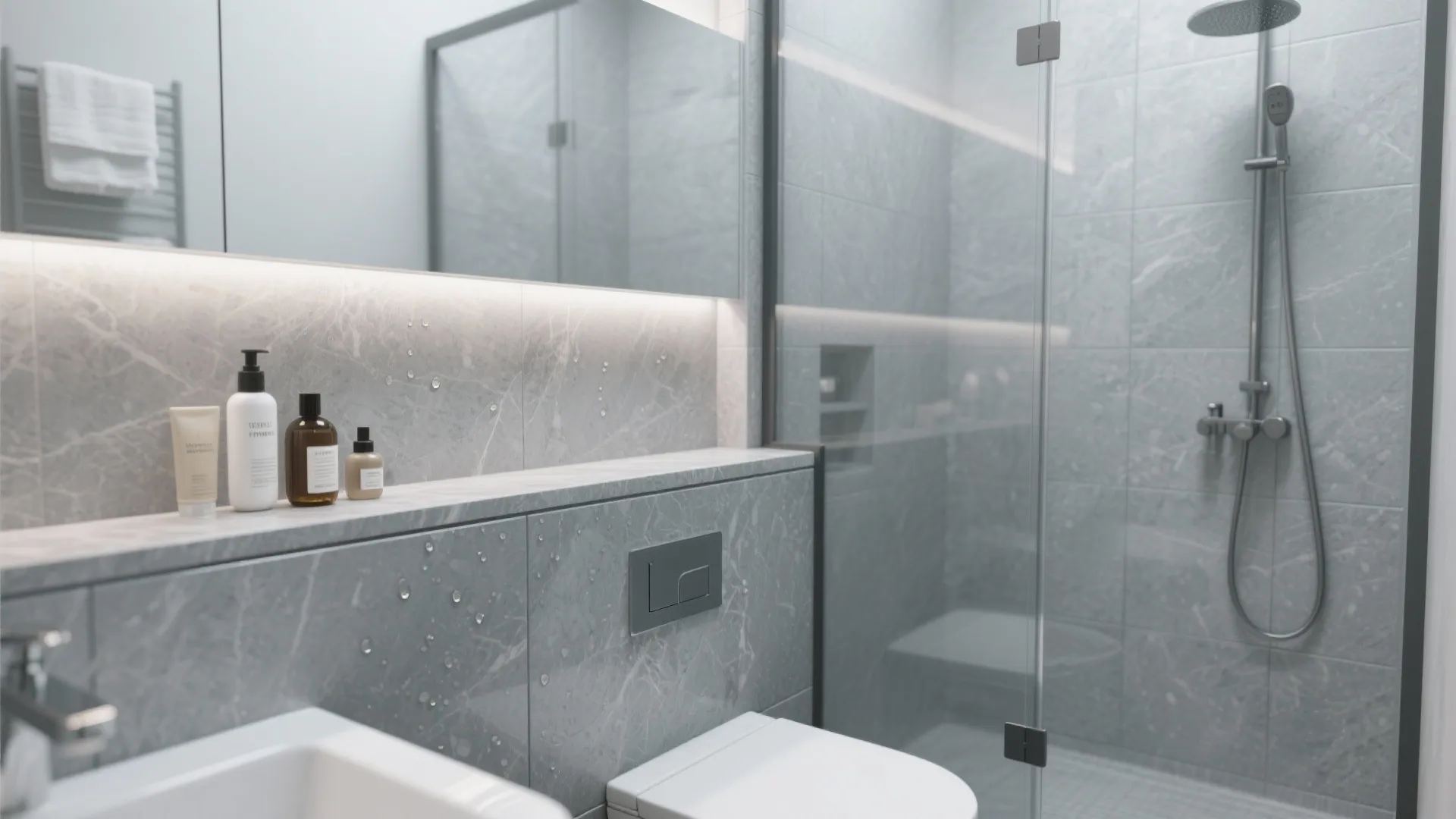 Small bathroom with grey quartz used as an integrated backsplash and a low shower curb extending into a slim shelf.