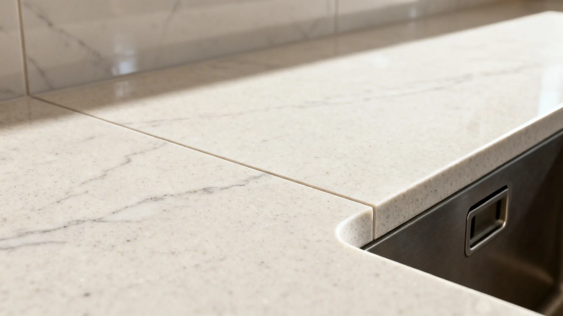 Macro of quartz backsplash with subtle veining and clean seam near an outlet cutout.