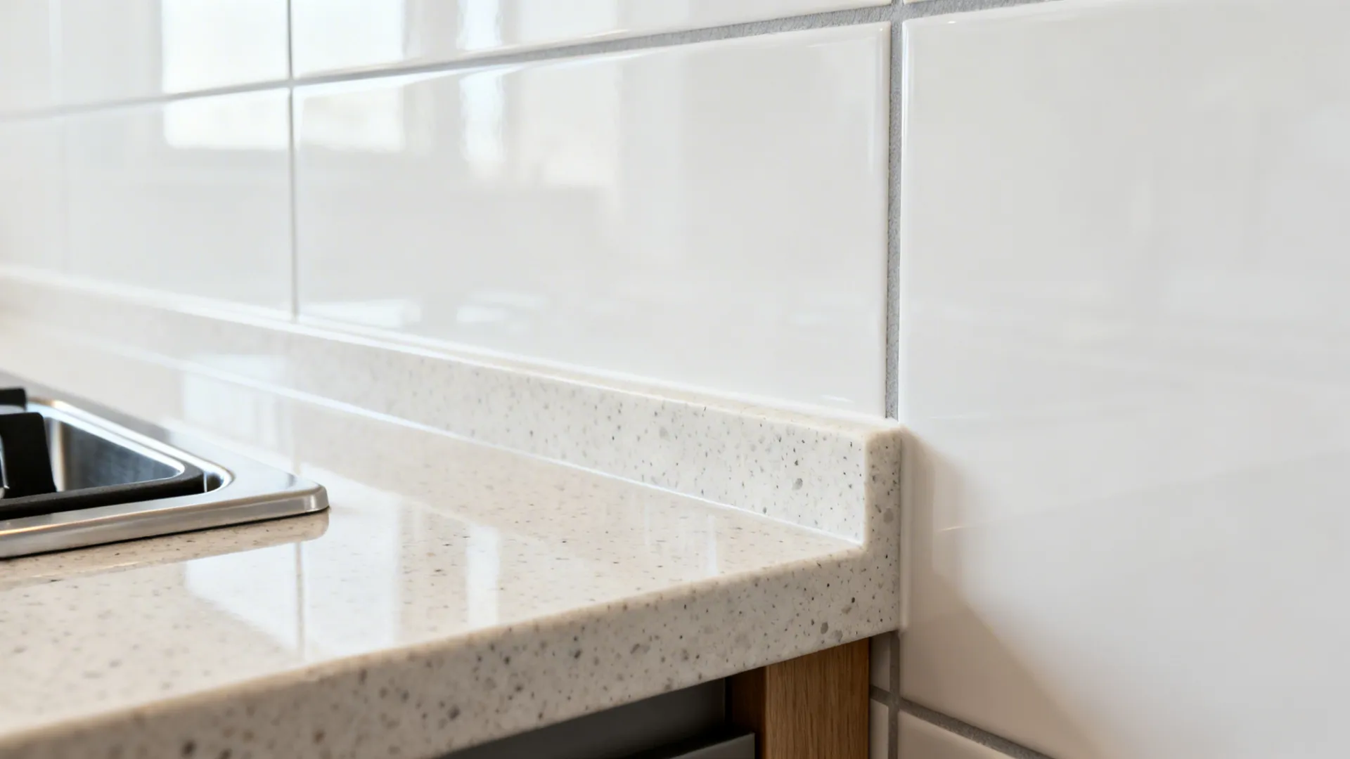Macro of light quartz edge meeting glossy ceramic tiles with light gray grout in a kitchen.