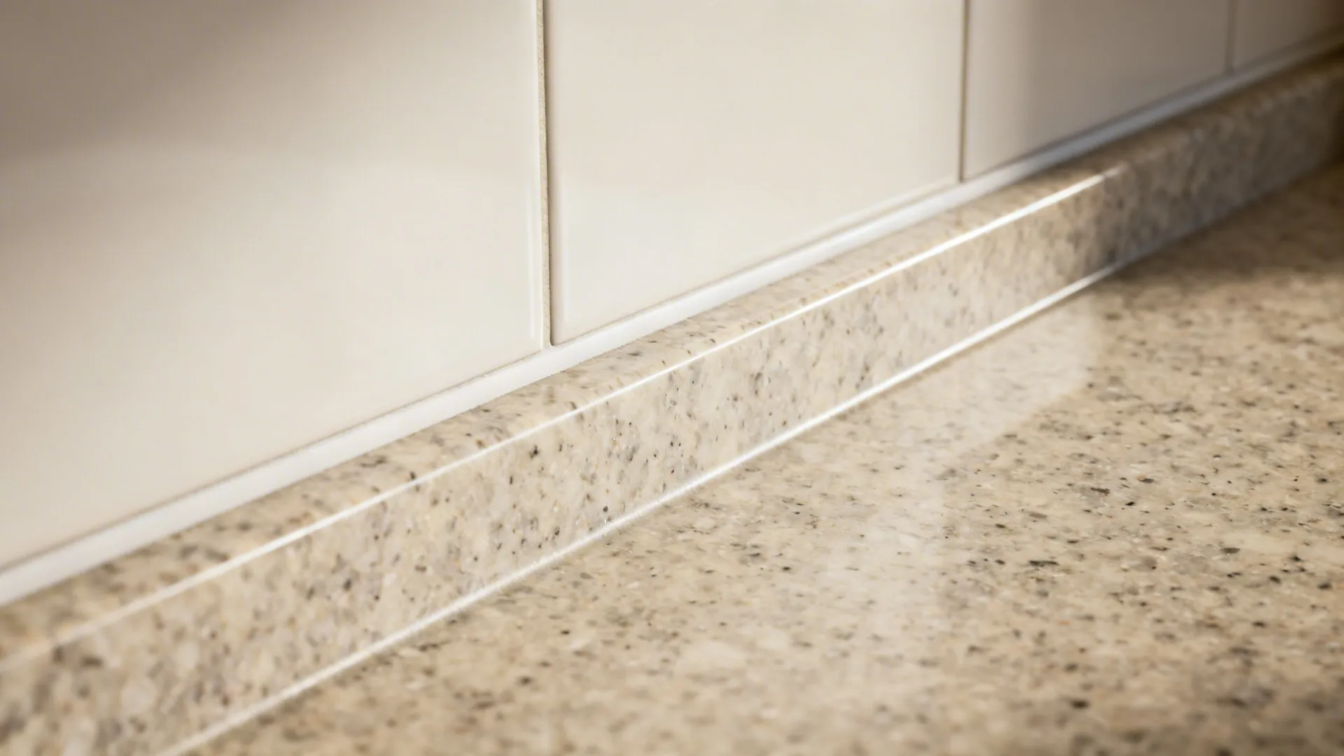 Macro detail of quartz edge meeting a porcelain slab backsplash with a clean seam.