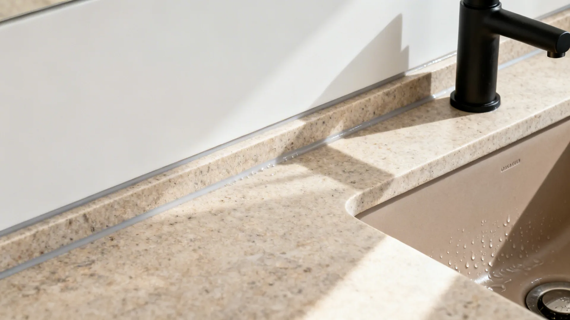 Close-up of quartz countertop and matte ceramic basin with a short black faucet and clean sealing.