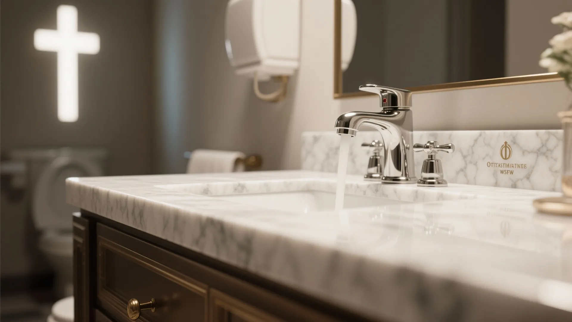 Close-up of quartz bathroom countertop with chrome faucet