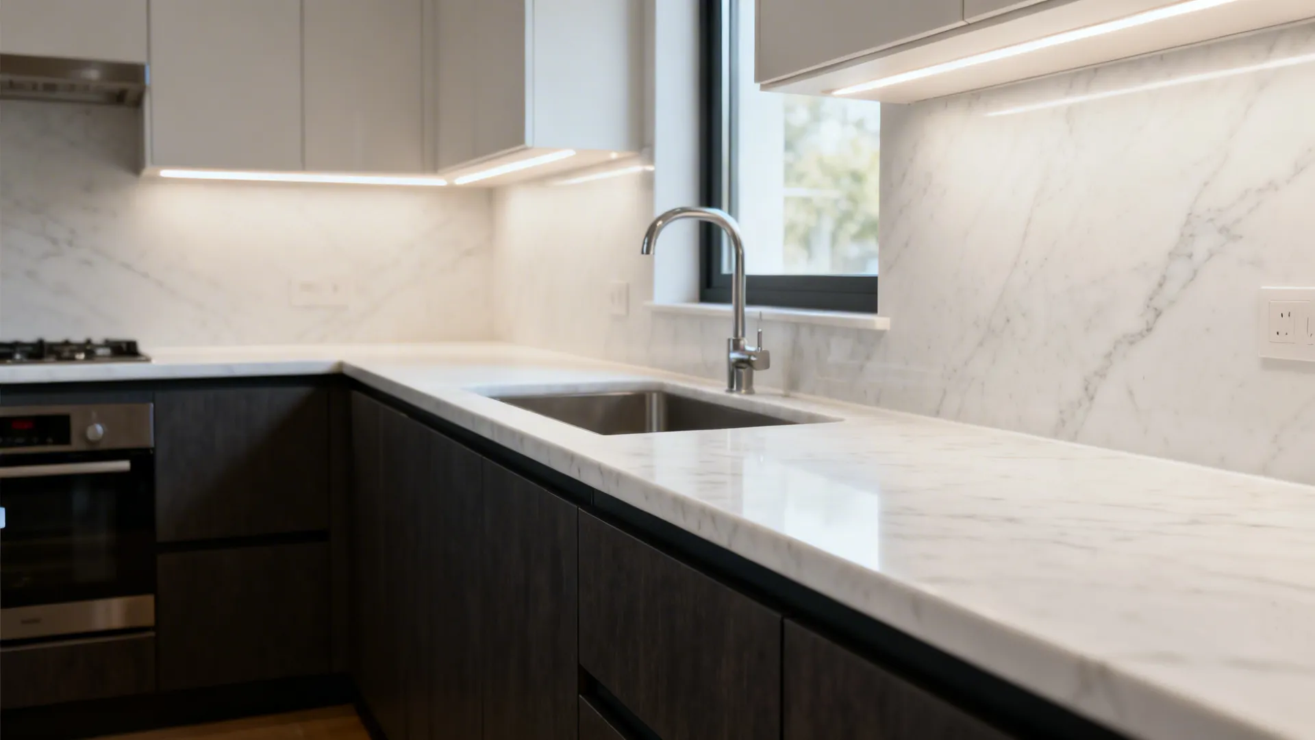 Before-and-after of a small L-shaped kitchen upgraded to soft white quartz.