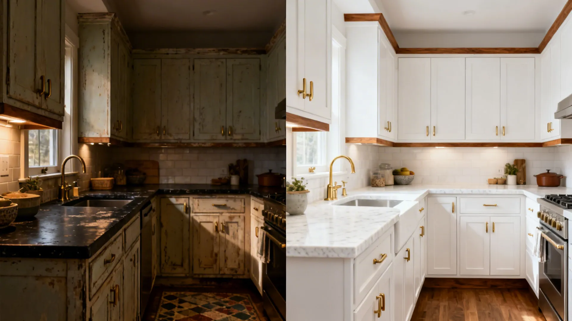 Before-and-after small kitchen showing dark counters replaced with bright white quartz and warmer accents.
