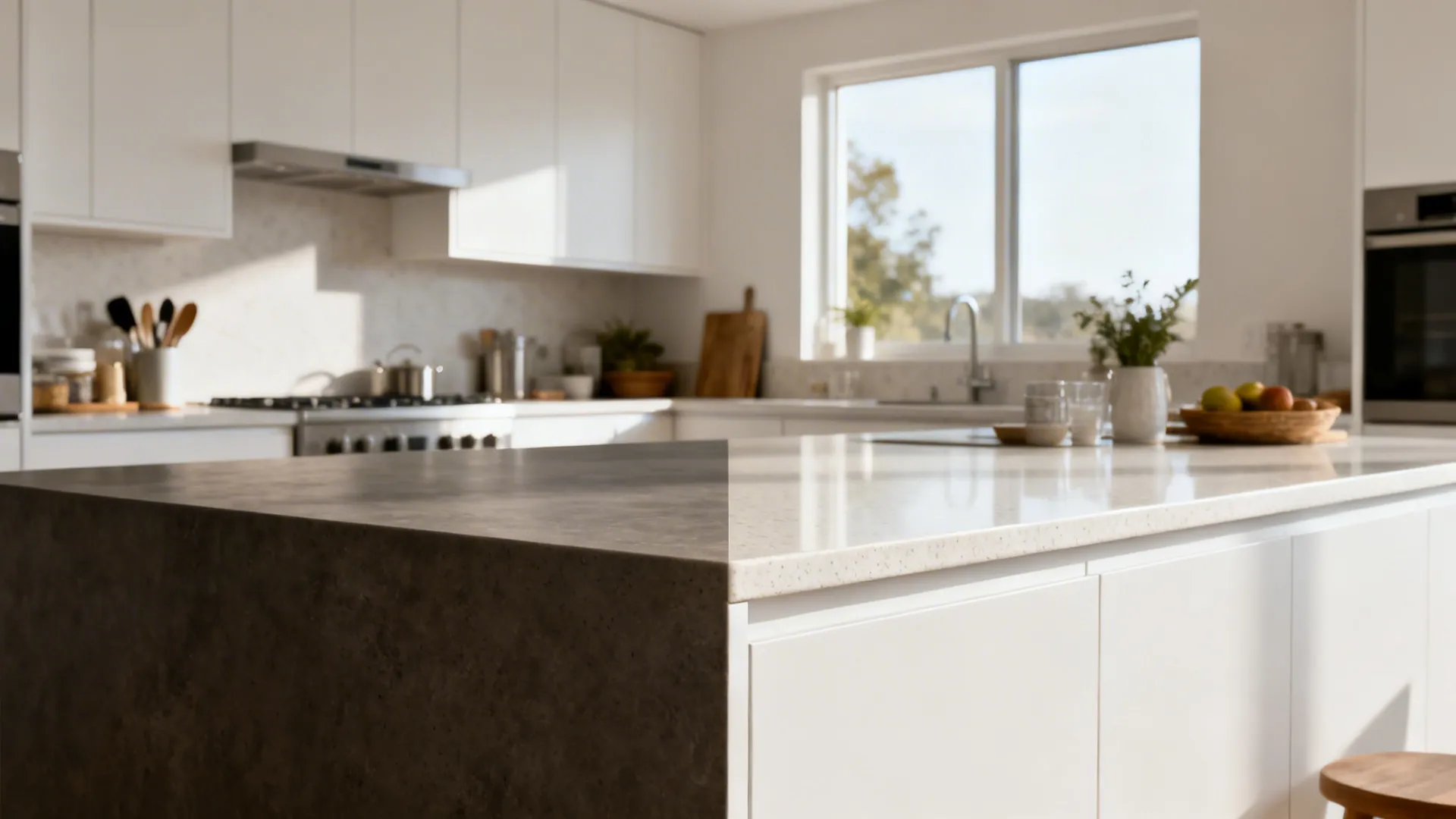 Before and after comparison showing two different kitchen countertop textures in a bright modern kitchen