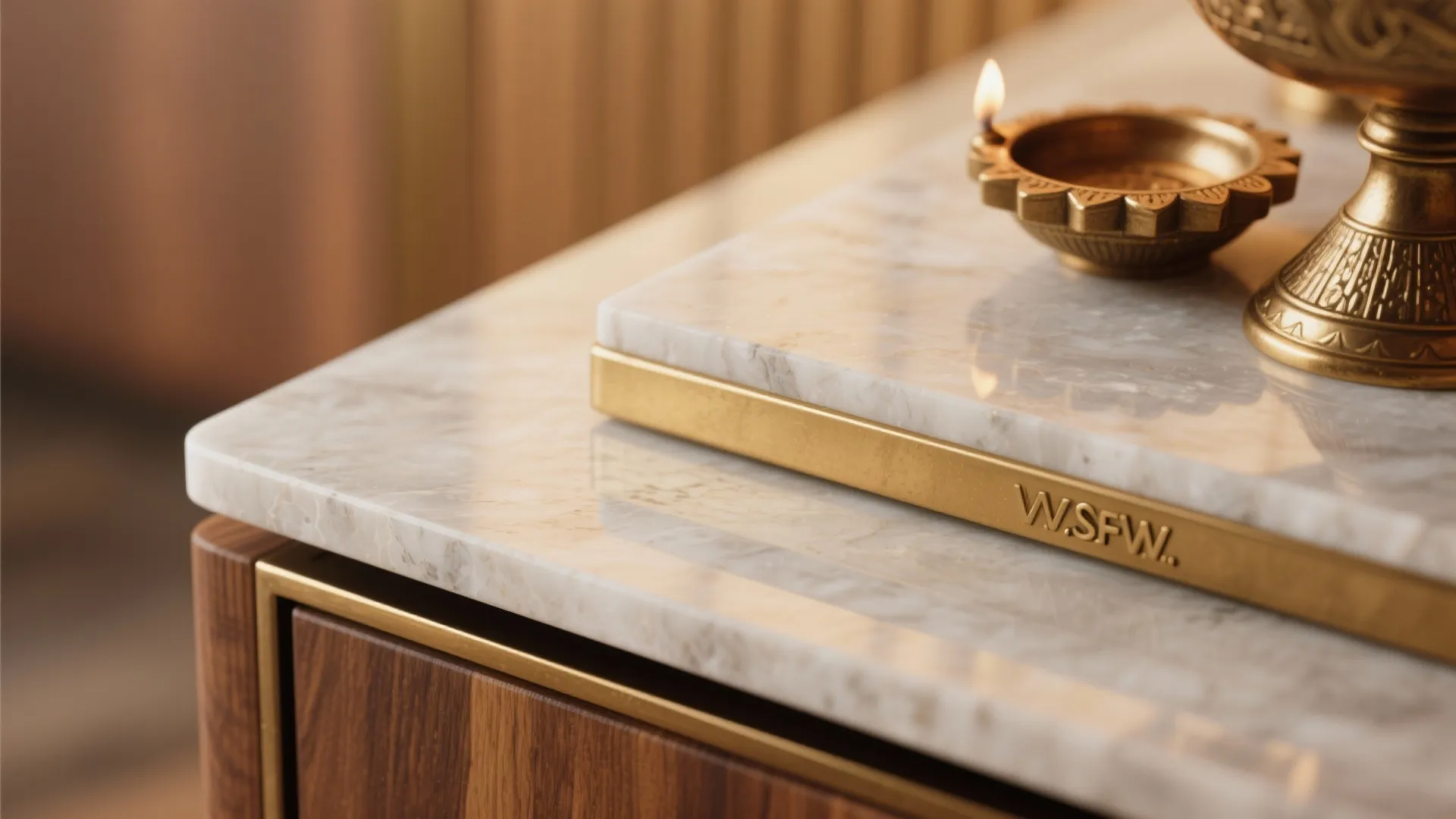 Macro detail of quartz platform with brass trim meeting a warm veneer cabinet face.