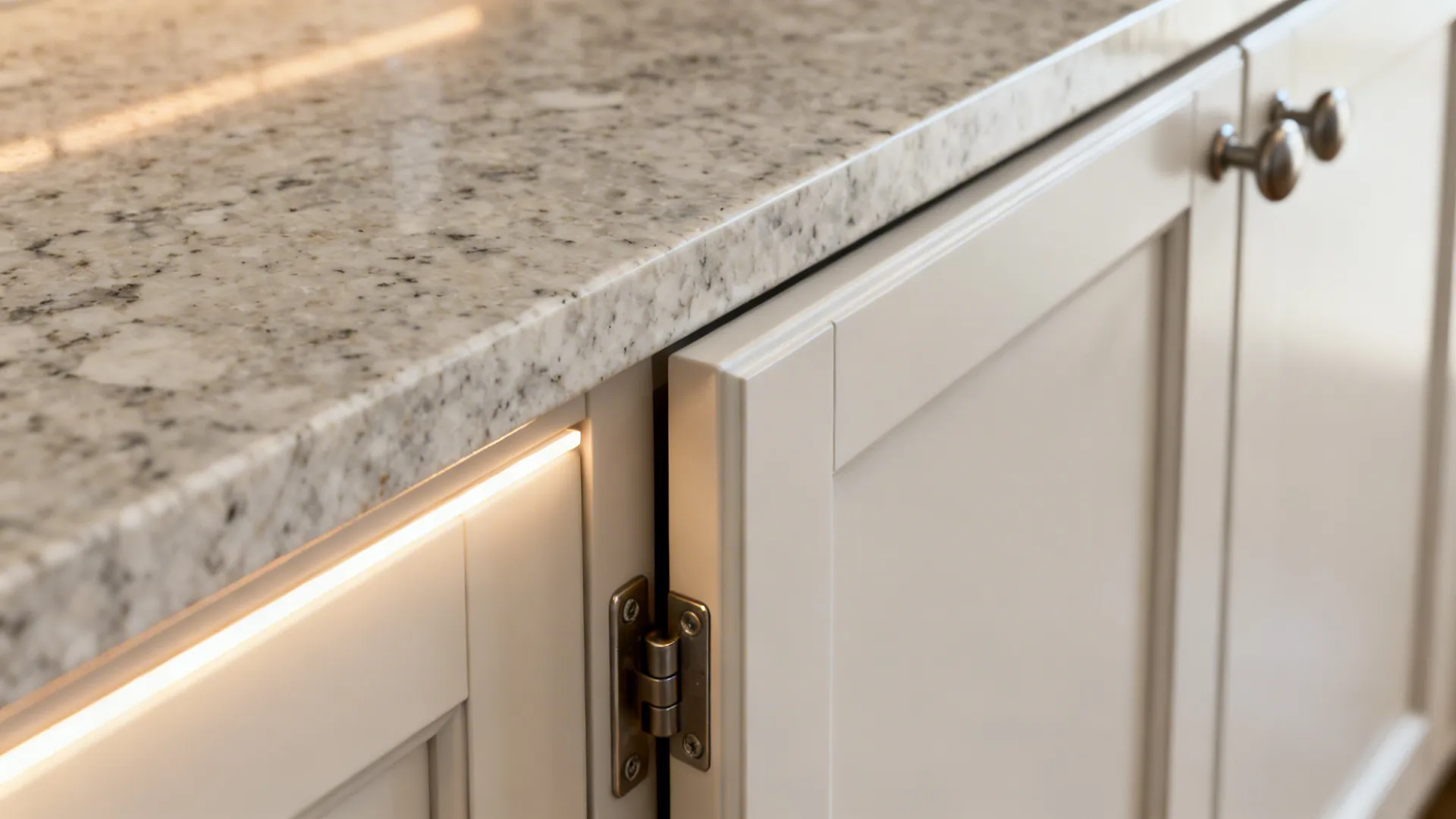 Macro of a quartz edge above a flat-panel cabinet with a quality hinge and LED lighting glow.