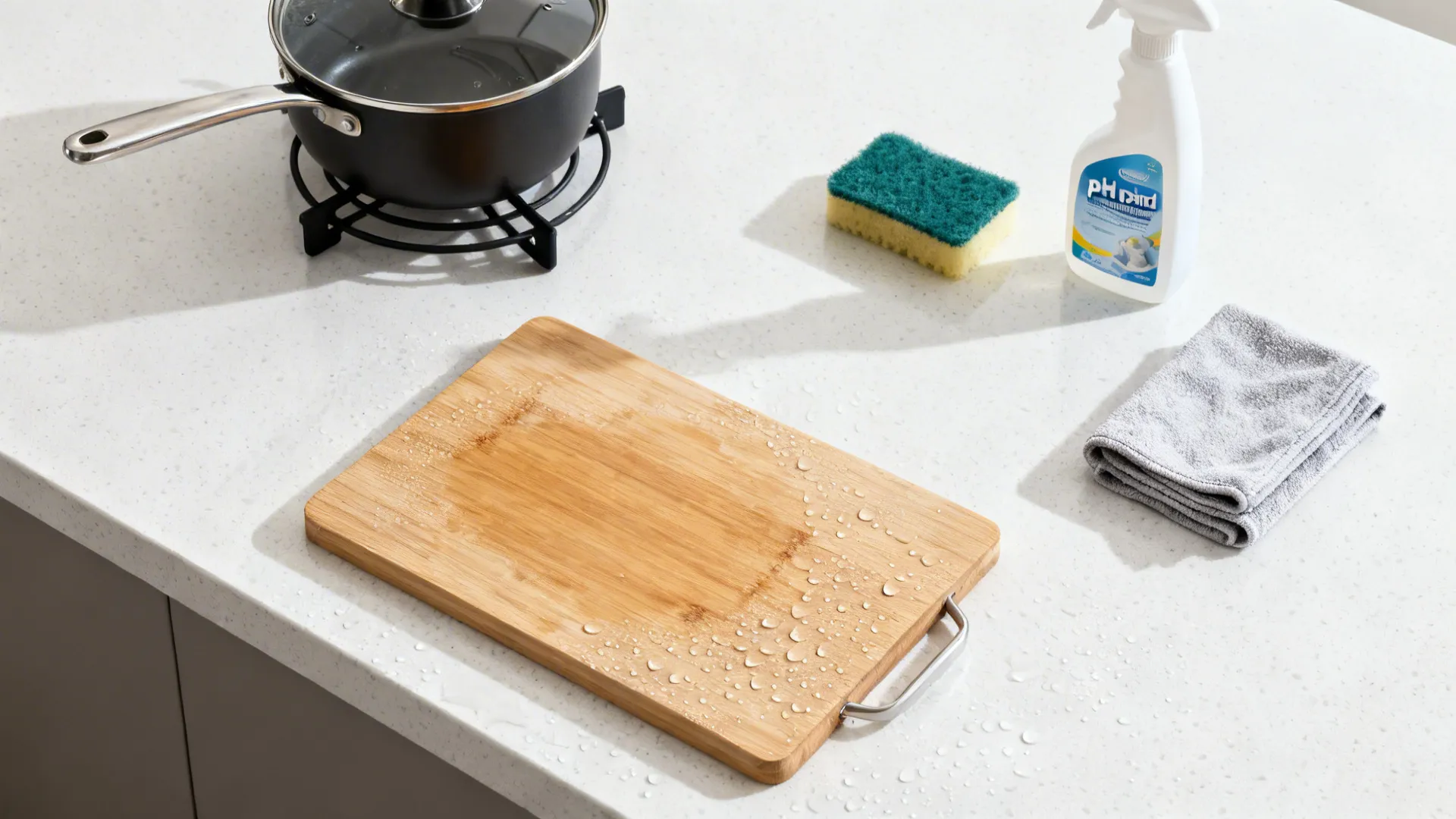 Top-down view of care items on a white quartz counter: cutting board, trivet, sponge, and cloth.