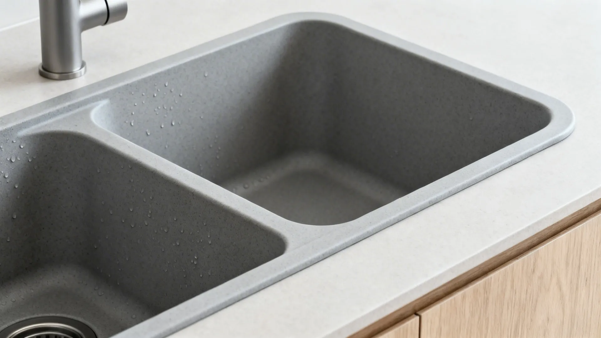 Macro of an undermount soft-gray quartz composite double sink with clean wipe-in edges.