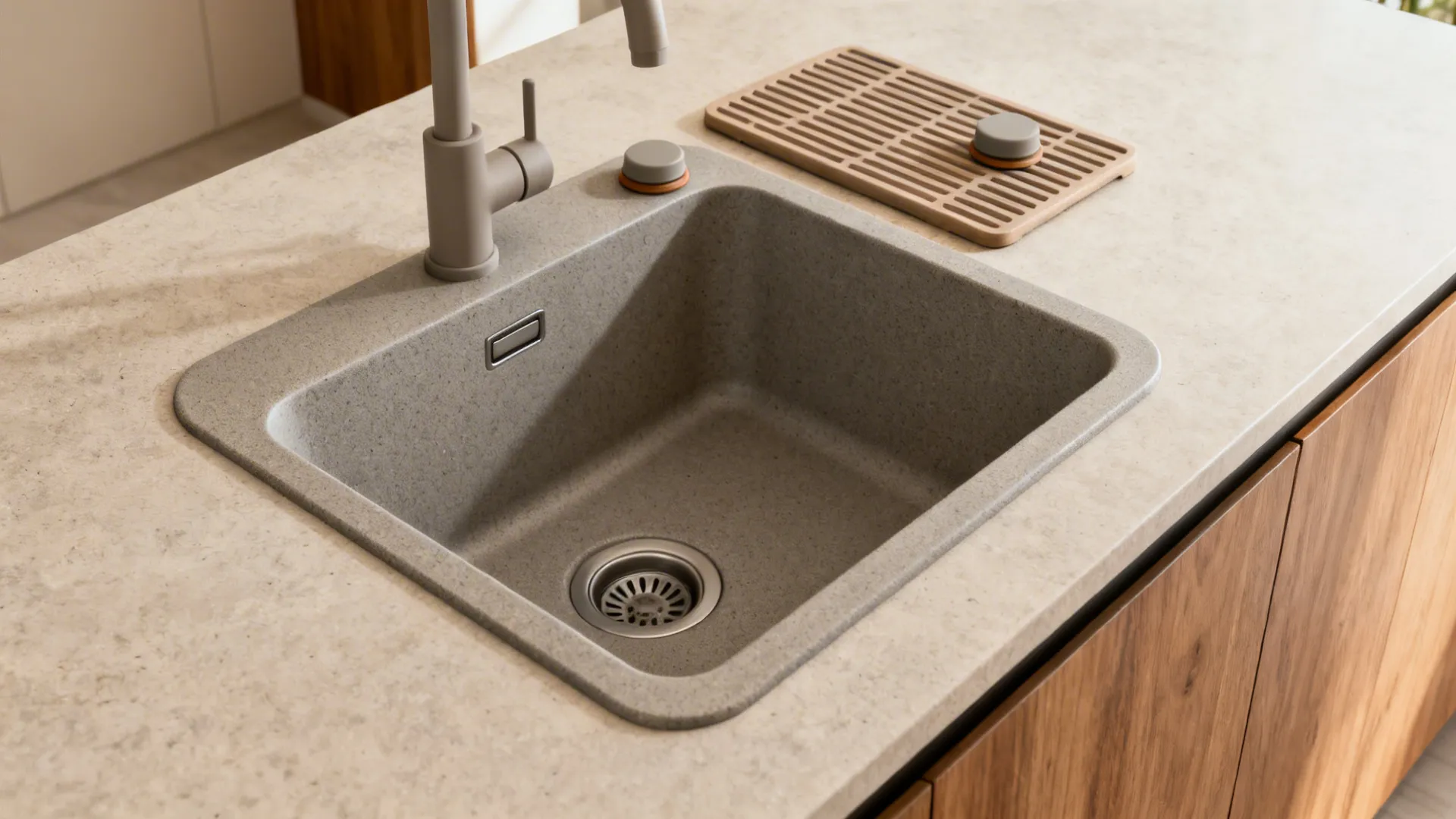 Quartz composite under-mount sink with seamless edge and neutral grey tone in a modern kitchen.