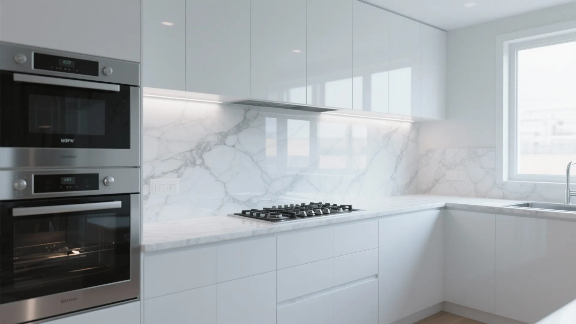 Modern white kitchen with marble backsplash glossy white cabinets double oven and built in gas stove