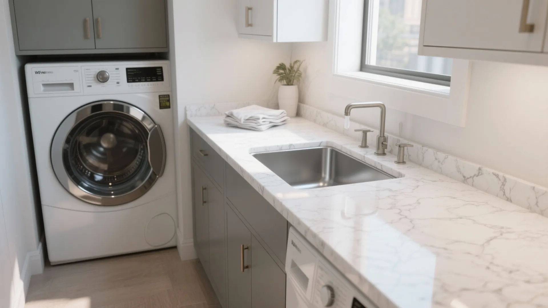 Bright laundry area with washing machine, grey cabinets, marble countertop, sink, window, and a plant