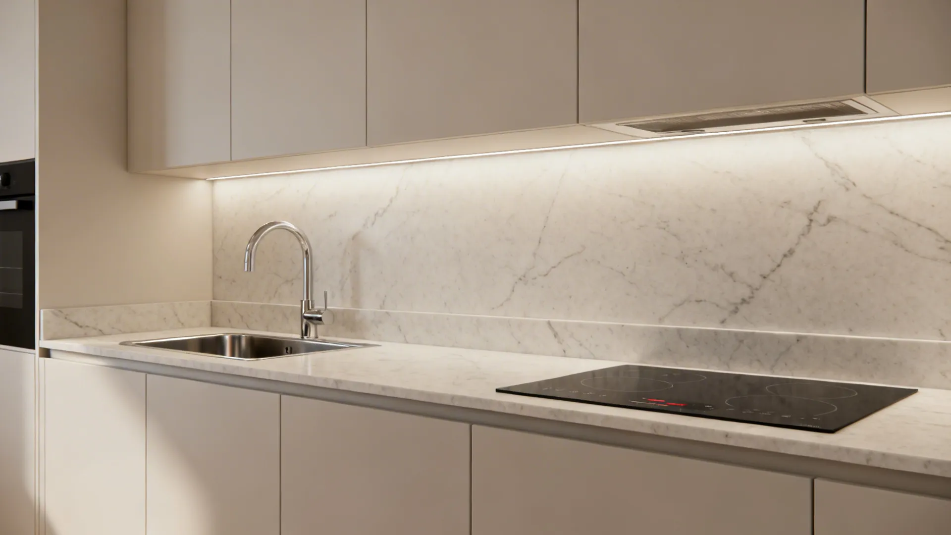 Pale quartz countertop with matching 20 mm backsplash upstand in a compact modern kitchen.