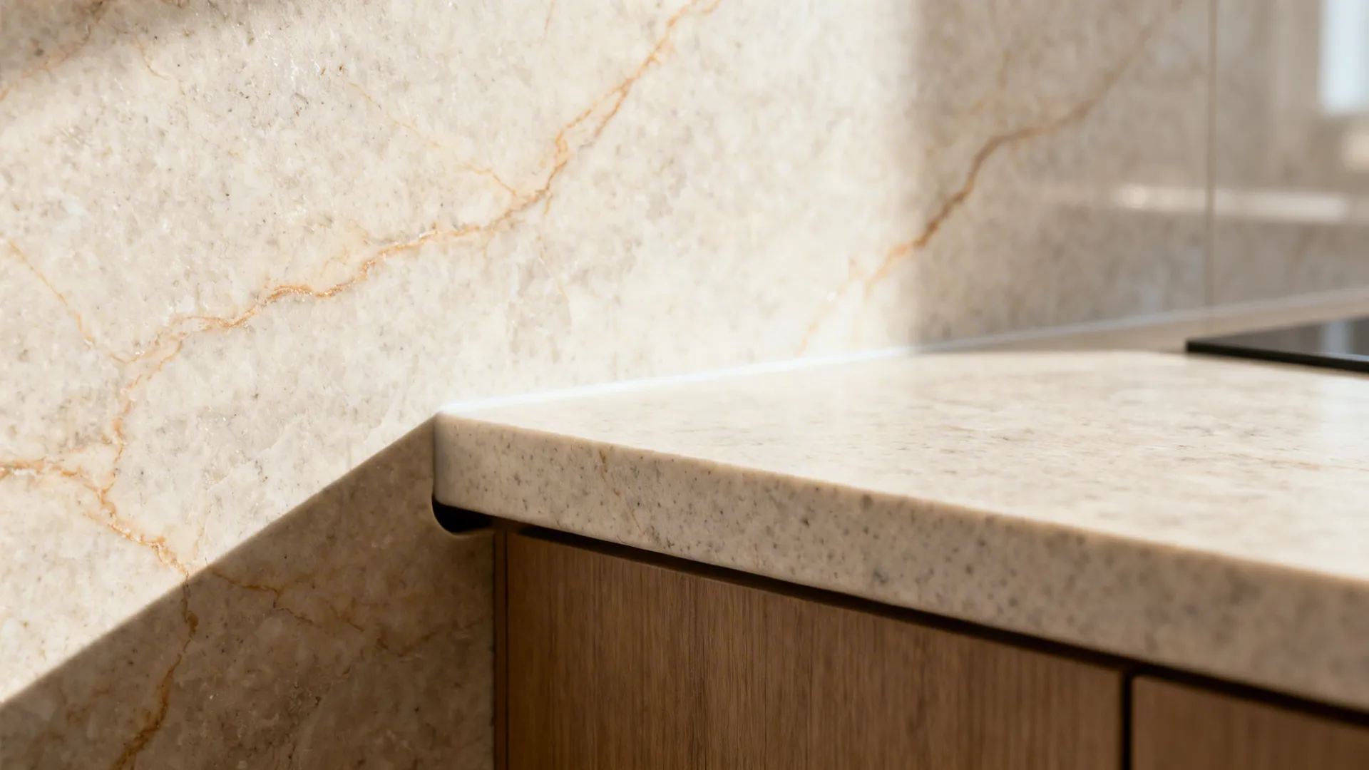 Macro of honed quartz slab with a coved return and precise socket cutout.