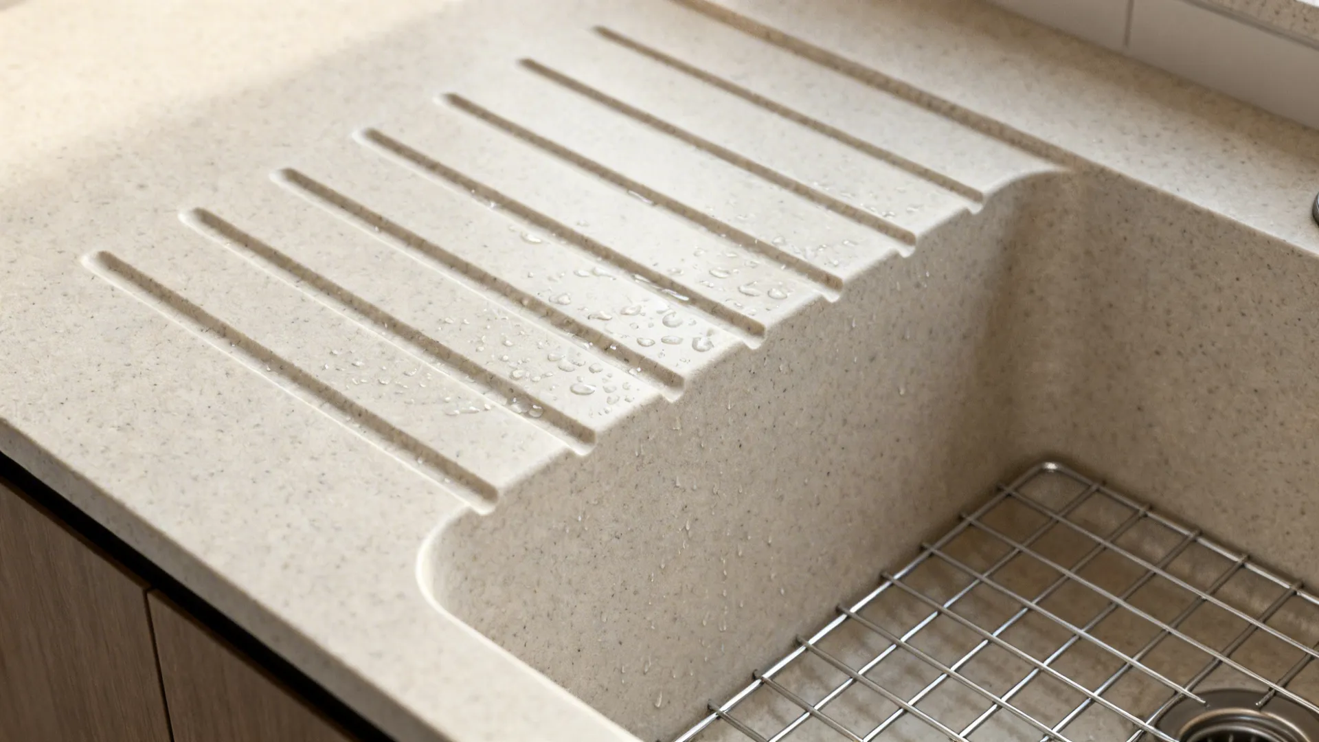 Macro of quartz drainer grooves beside an undermount sink with precise slope.