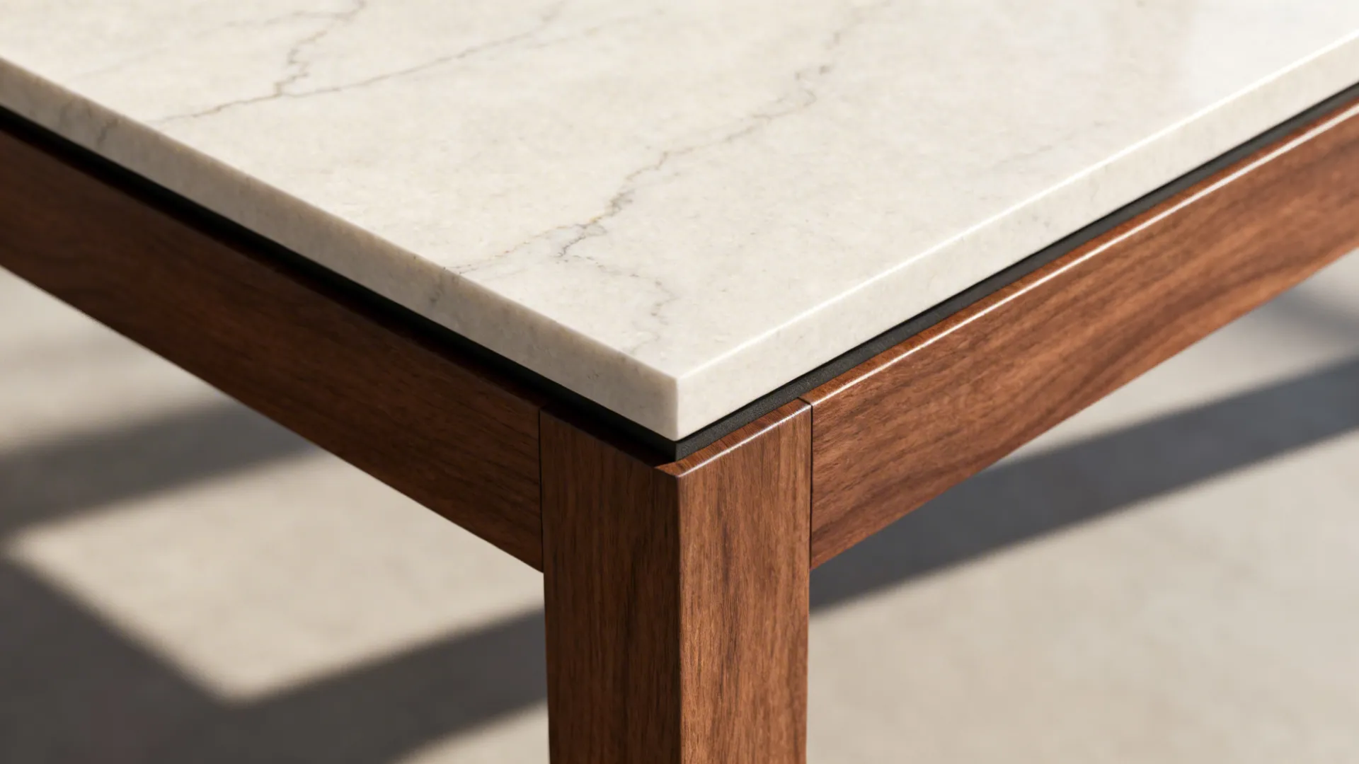 Close-up of thin pale quartz edge meeting a walnut table frame.