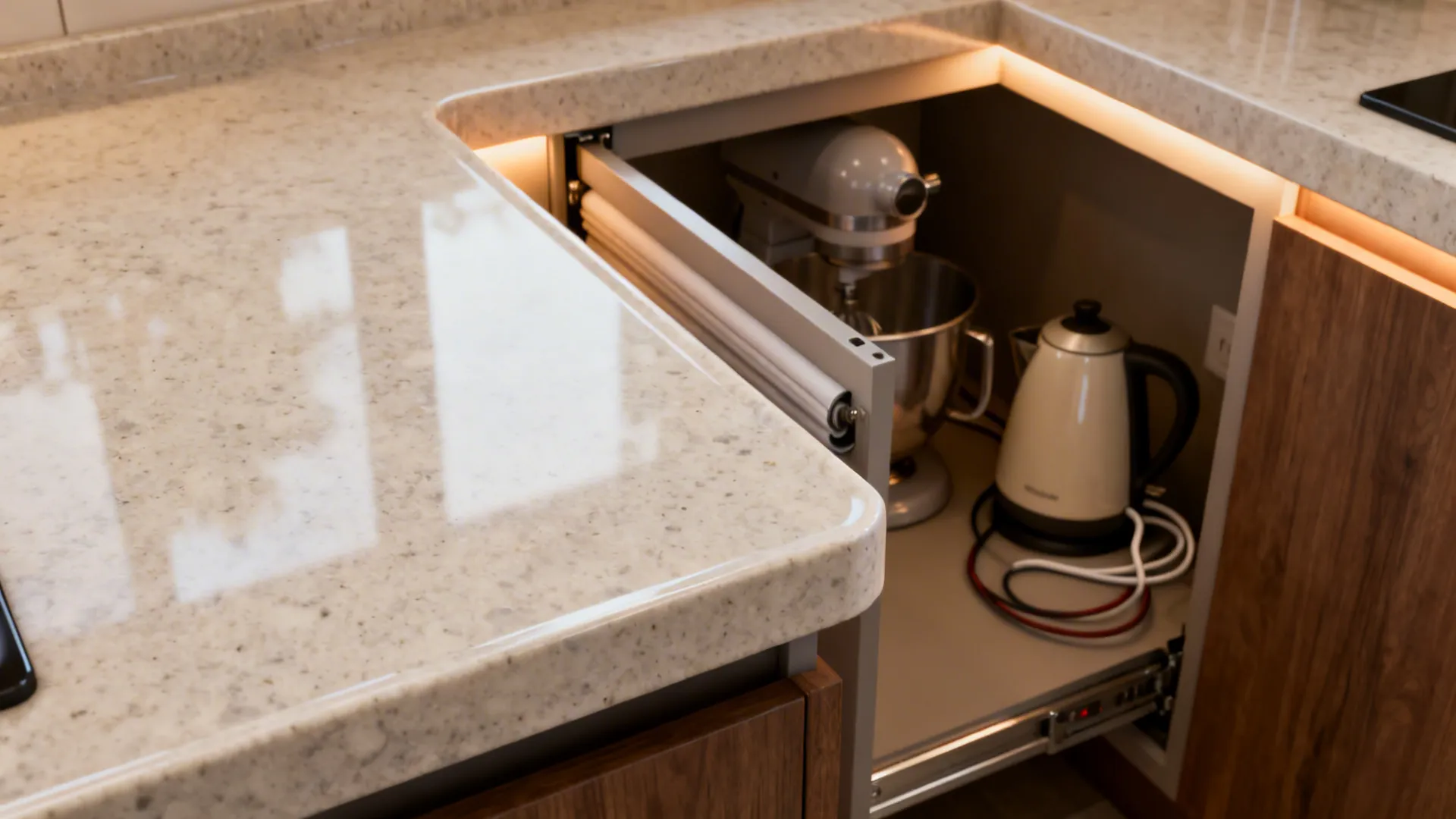 Macro of light quartz counter with thickened edge and a neat corner appliance garage.