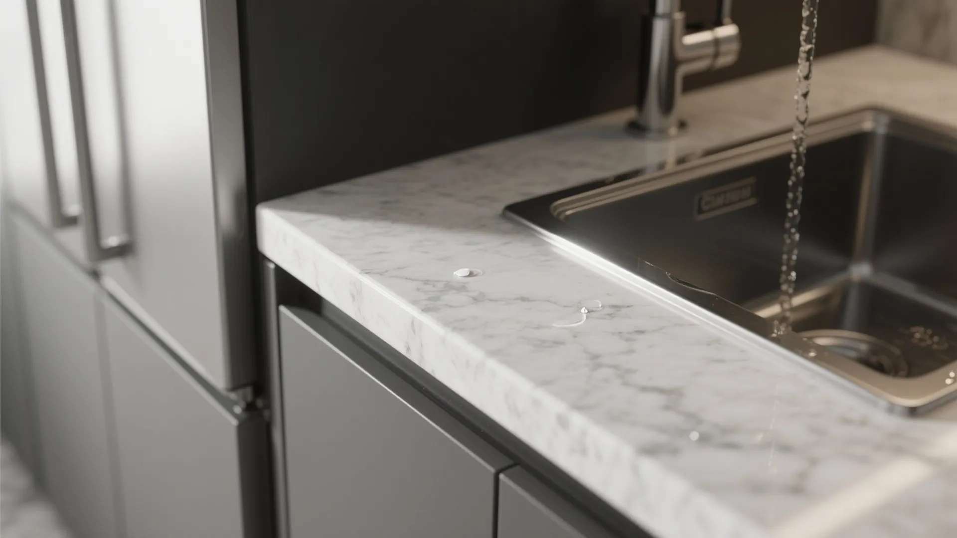 Close up of a marble kitchen counter with water drops next to a metal sink