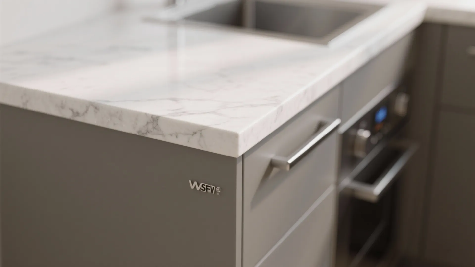 Macro of a slim 20mm quartz countertop edge meeting a matte cabinet front with clean detailing.