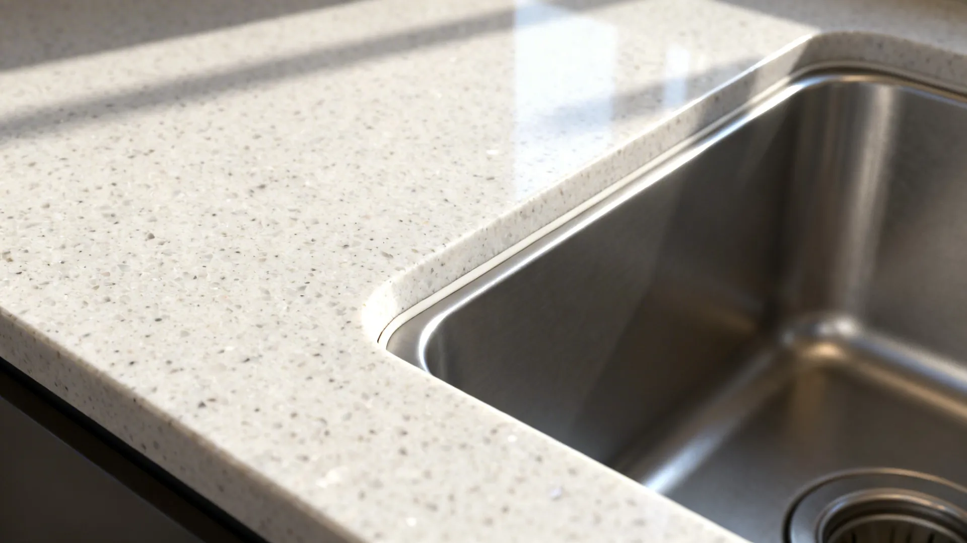 Macro of a quartz countertop’s polished edge flowing into an undermount quartz sink.