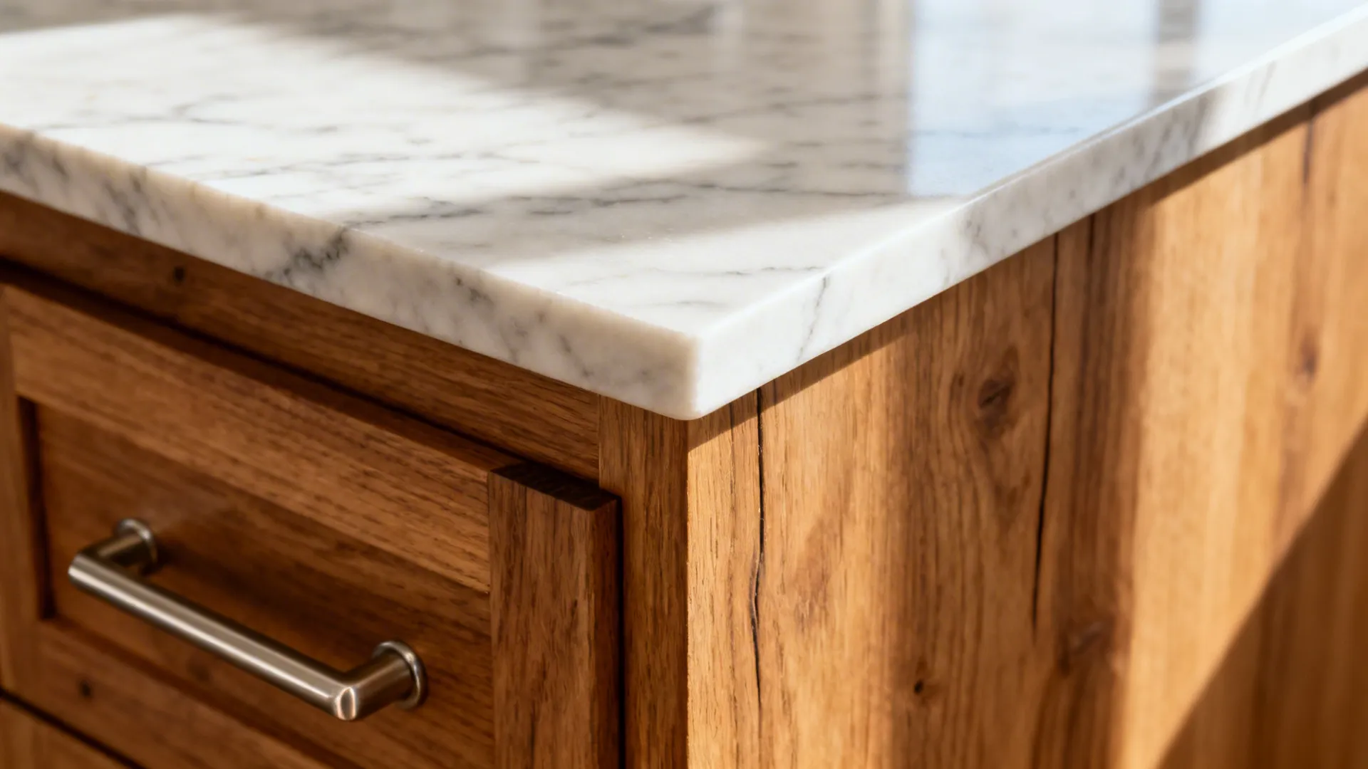 Macro of quartz edge over rift-cut oak with a brushed nickel pull, showing fine textures.