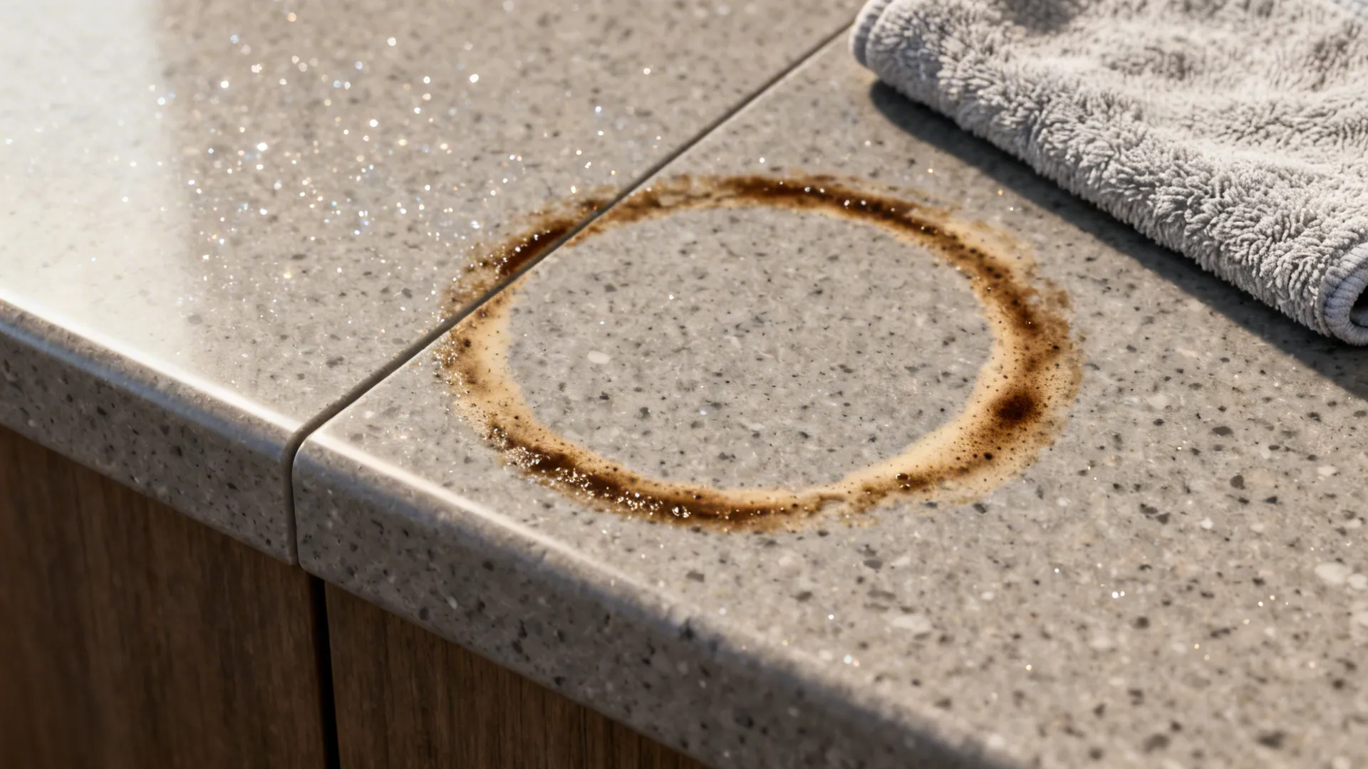 Macro of eased-edge gray quartz showing fine speckle and clean seam.