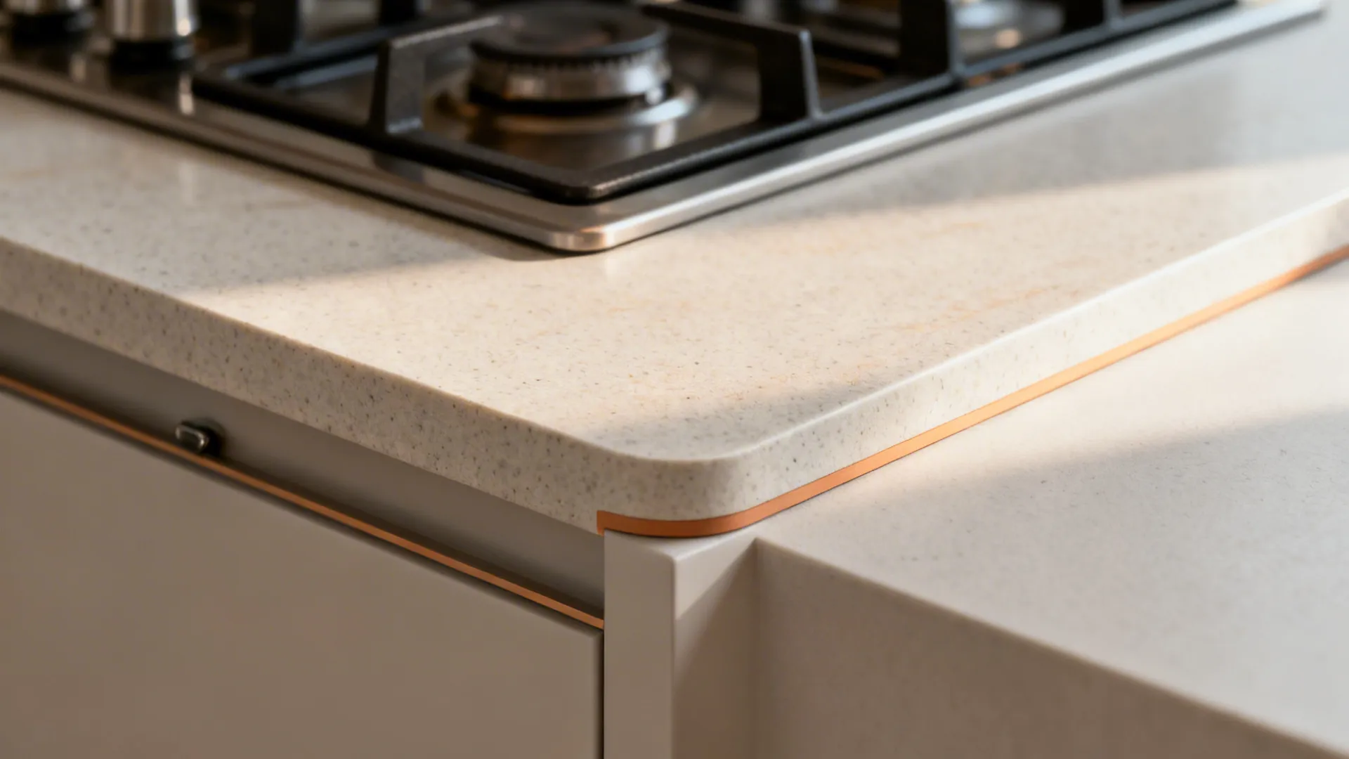 Macro of matte quartz pencil edge beside cabinet with soft-close hinge.
