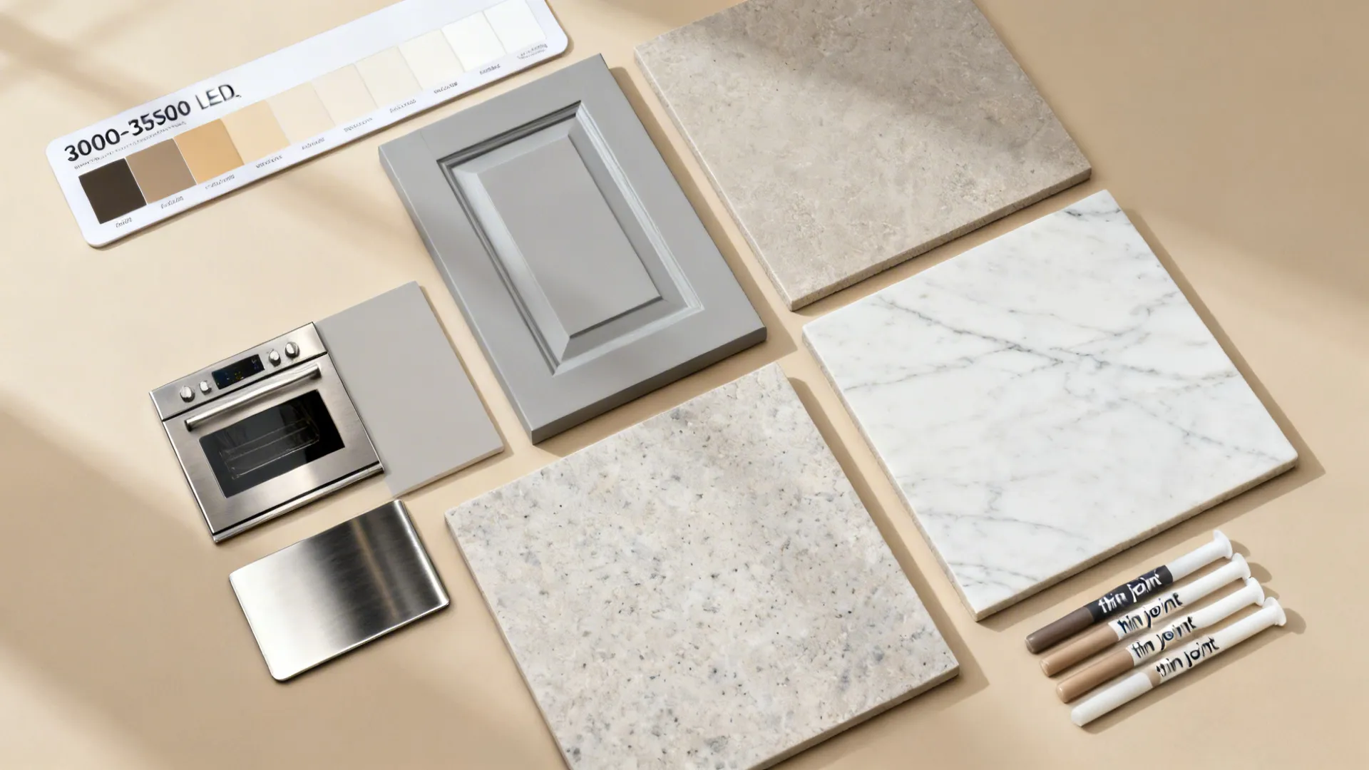 Flatlay of quartz-look porcelain tiles with matching epoxy grout and warm lighting swatches.