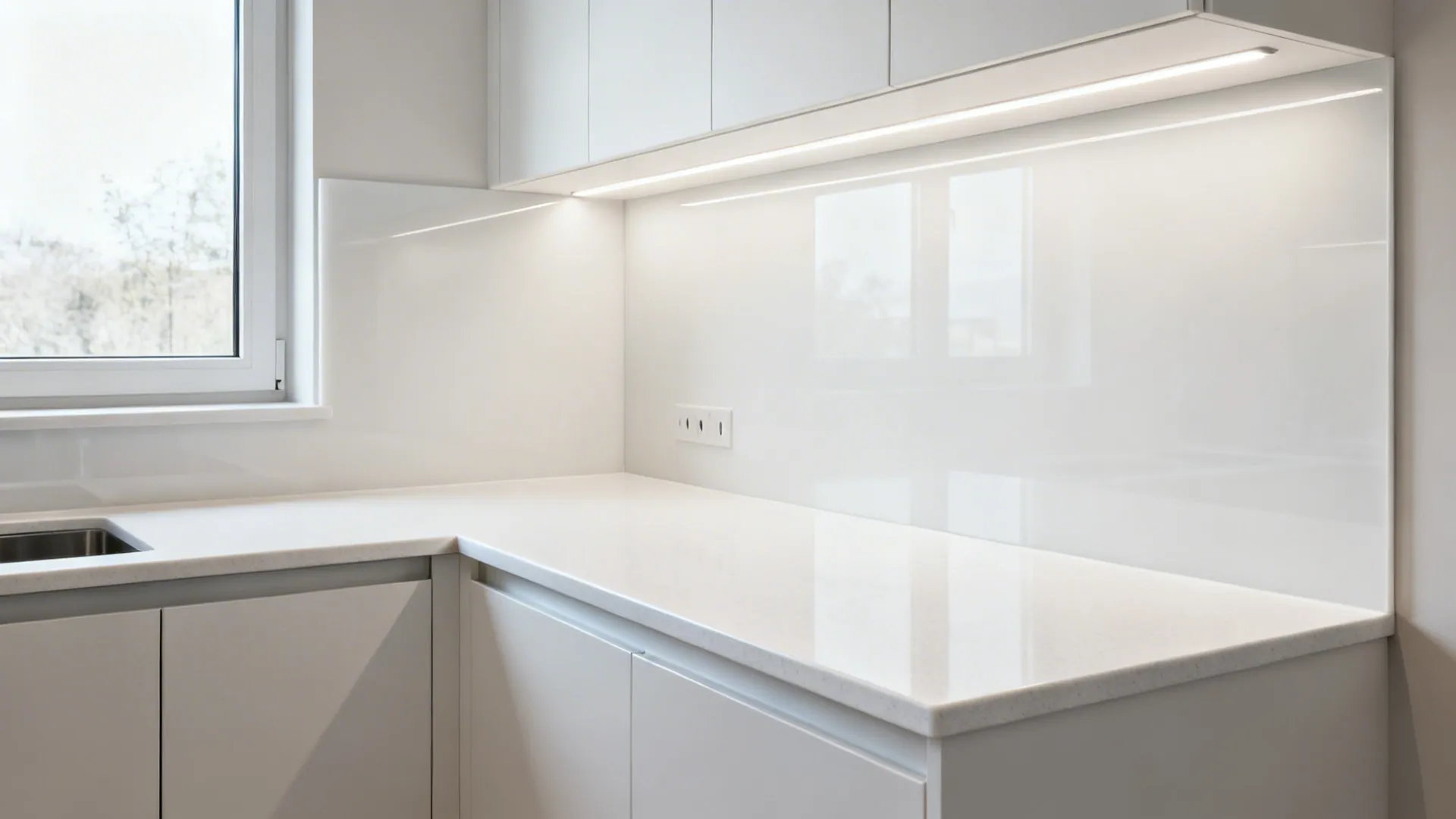 White quartz countertop running up the wall as a full-height backsplash with a window wrap.