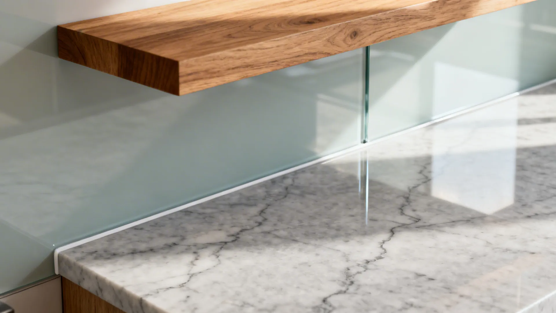 Mixed surfaces: stone-look counters, glass, and warm wood