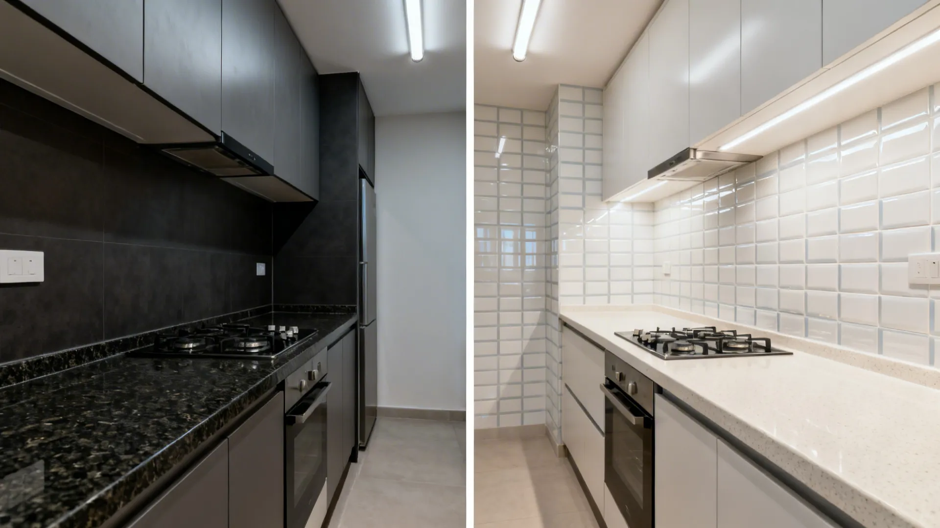 Before-and-after of a galley kitchen switching from dark granite to light quartz and glossy tiles.