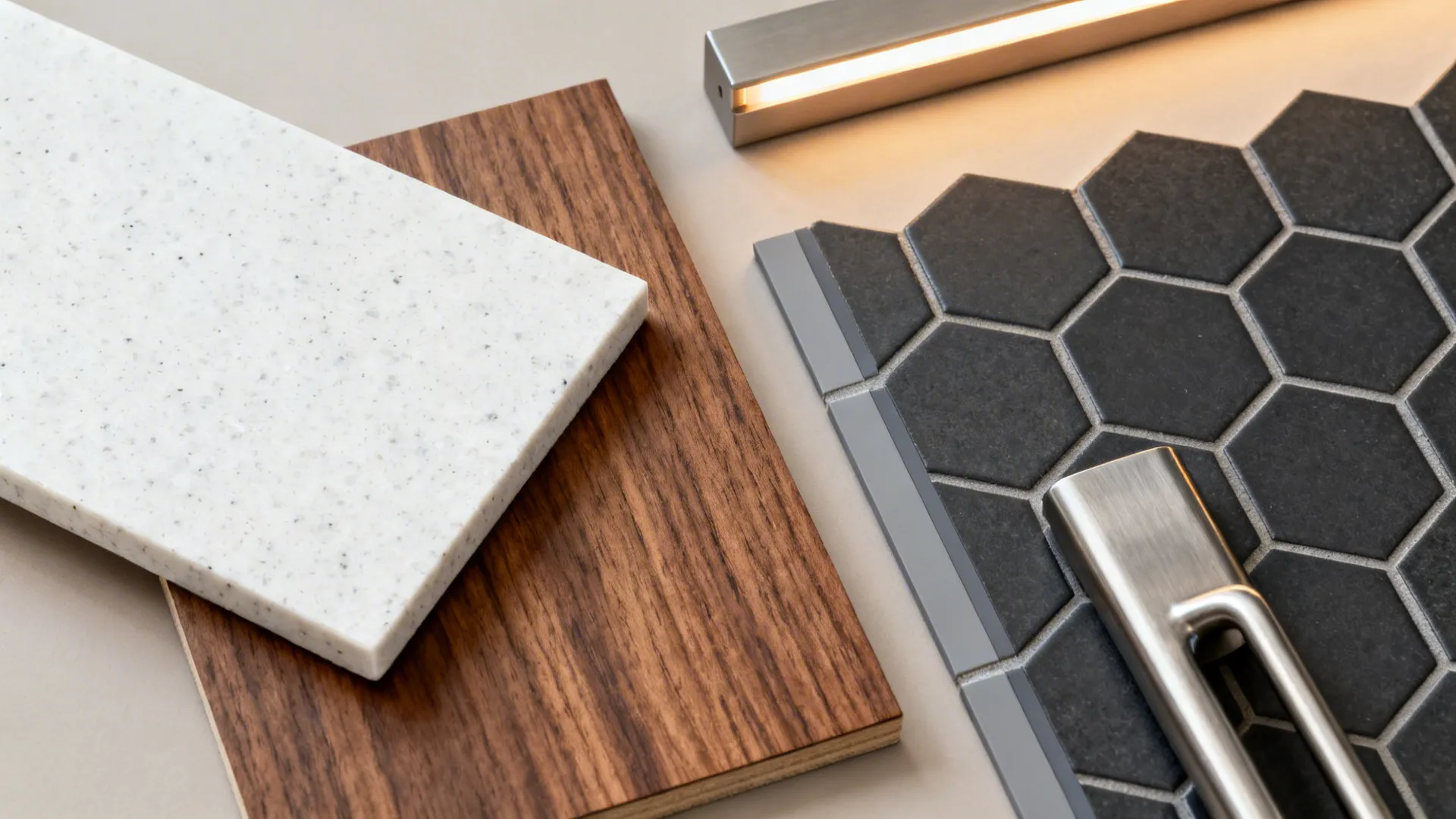 White Quartz Tops + Coffee-Brown Veneer + Charcoal Hex Floor