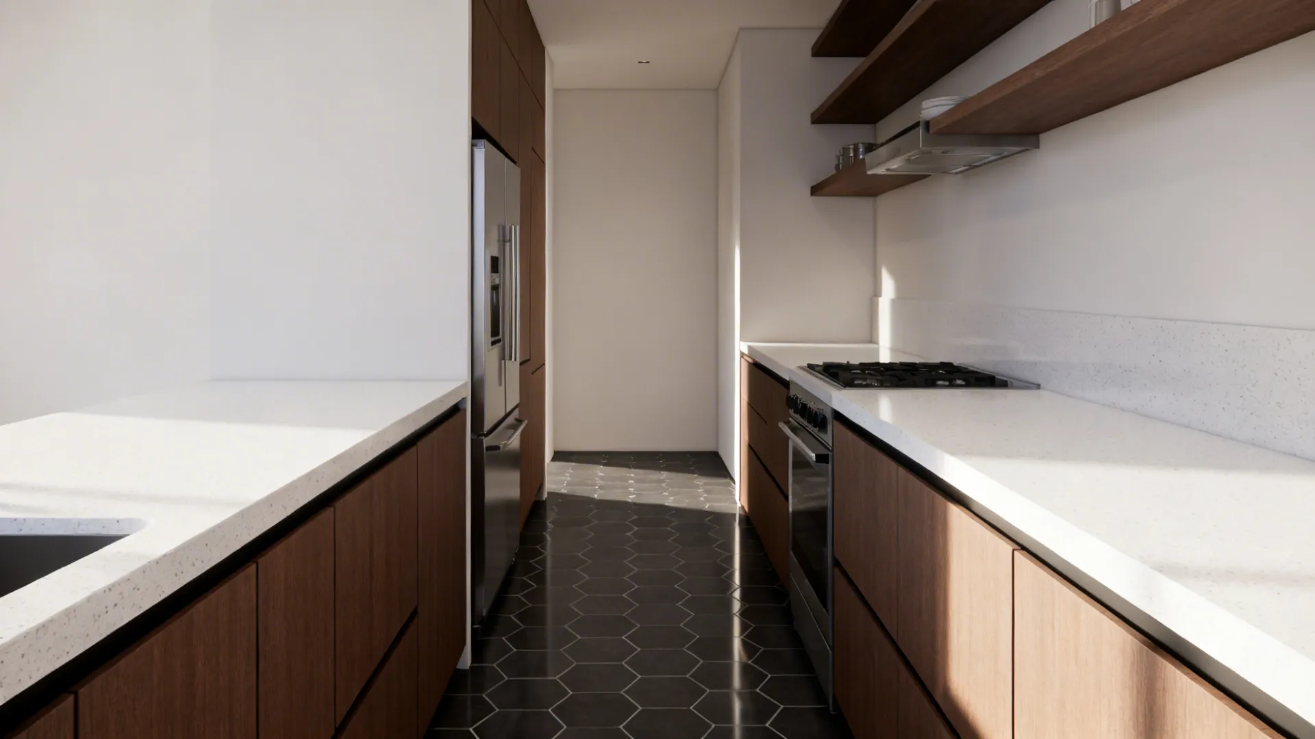 White Quartz Tops + Coffee-Brown Veneer + Charcoal Hex Floor